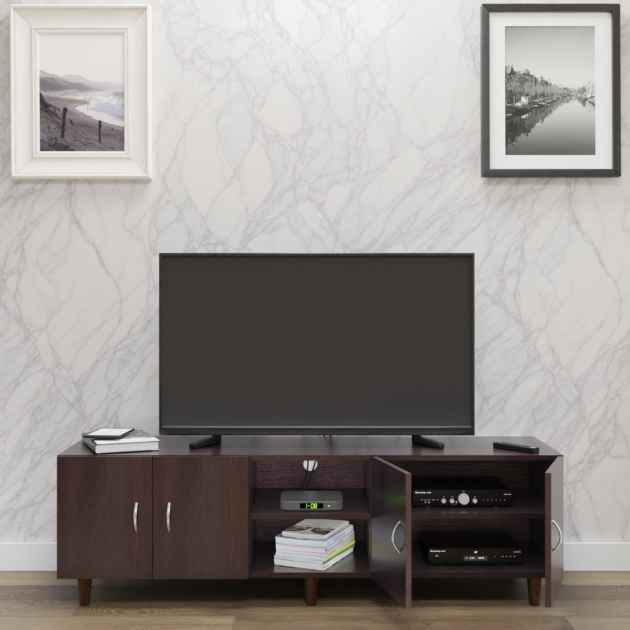 TV unit | 4 Doors, Open Shelves | Single Color TV & Entertainment Unit VIKI FURNITURE