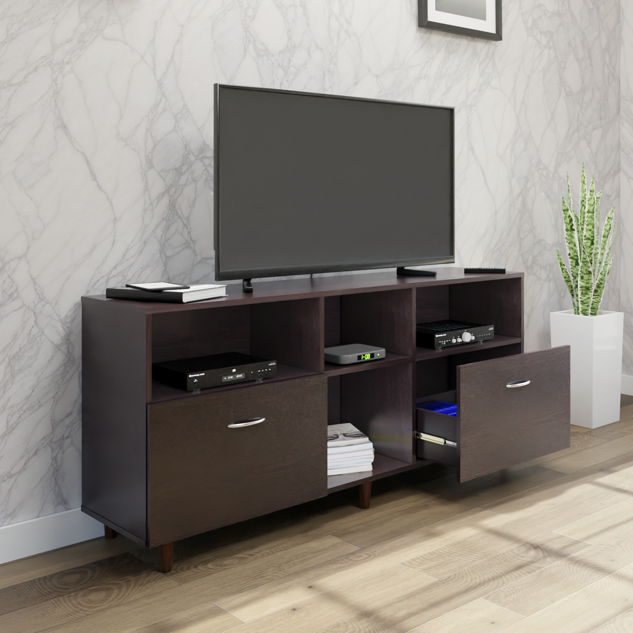 TV unit | 2 Drawers, Shelf & Open Shelves | Single Color TV & Entertainment Unit VIKI FURNITURE