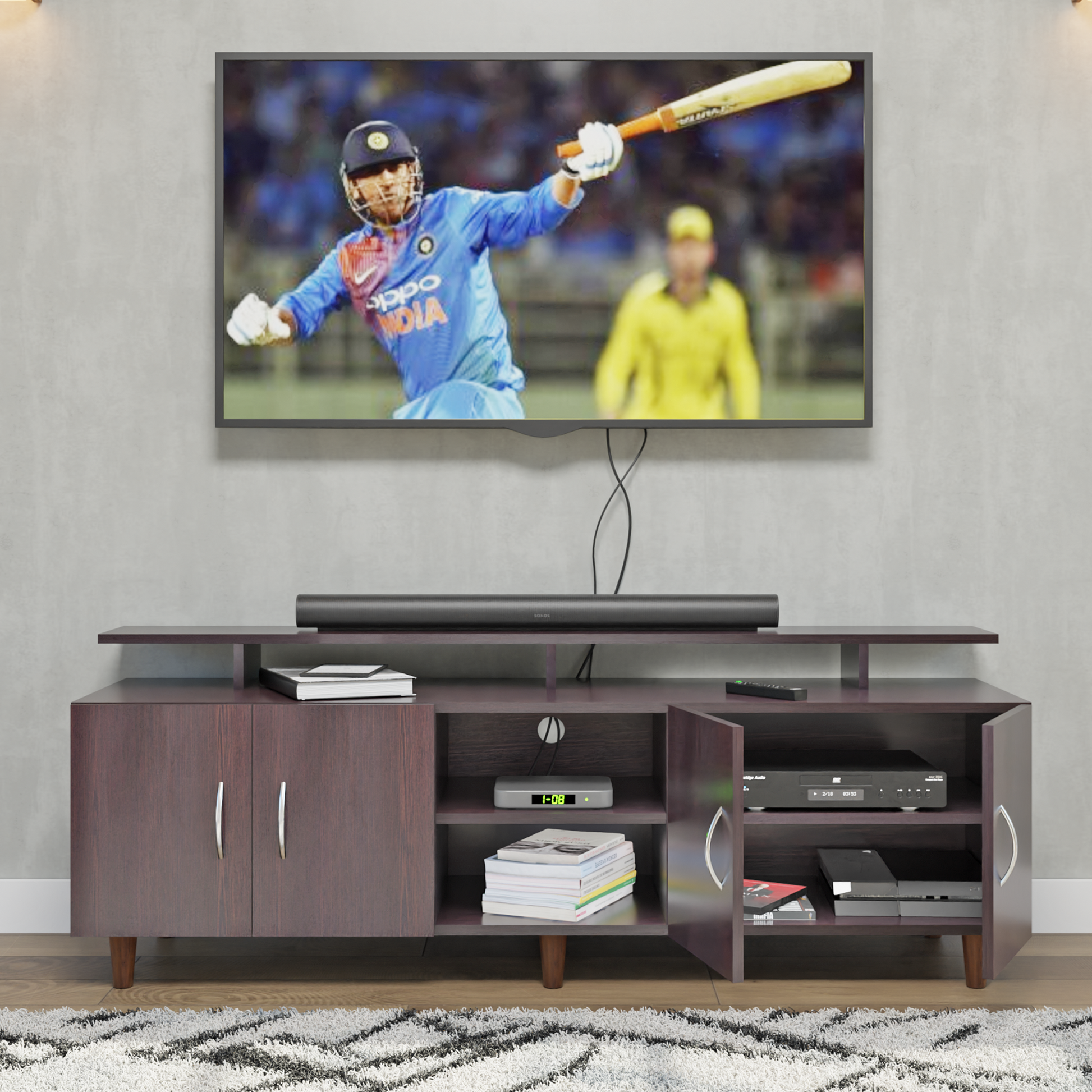 TV unit | 4 Doors, Open Shelves & Extension | Single Color TV & Entertainment Unit VIKI FURNITURE