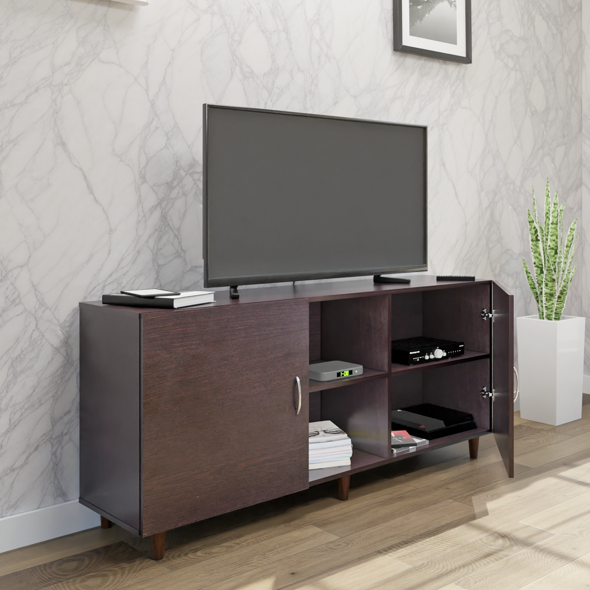 TV Unit | 2 Doors, Open Shelves | Single Color TV & Entertainment Unit VIKI FURNITURE