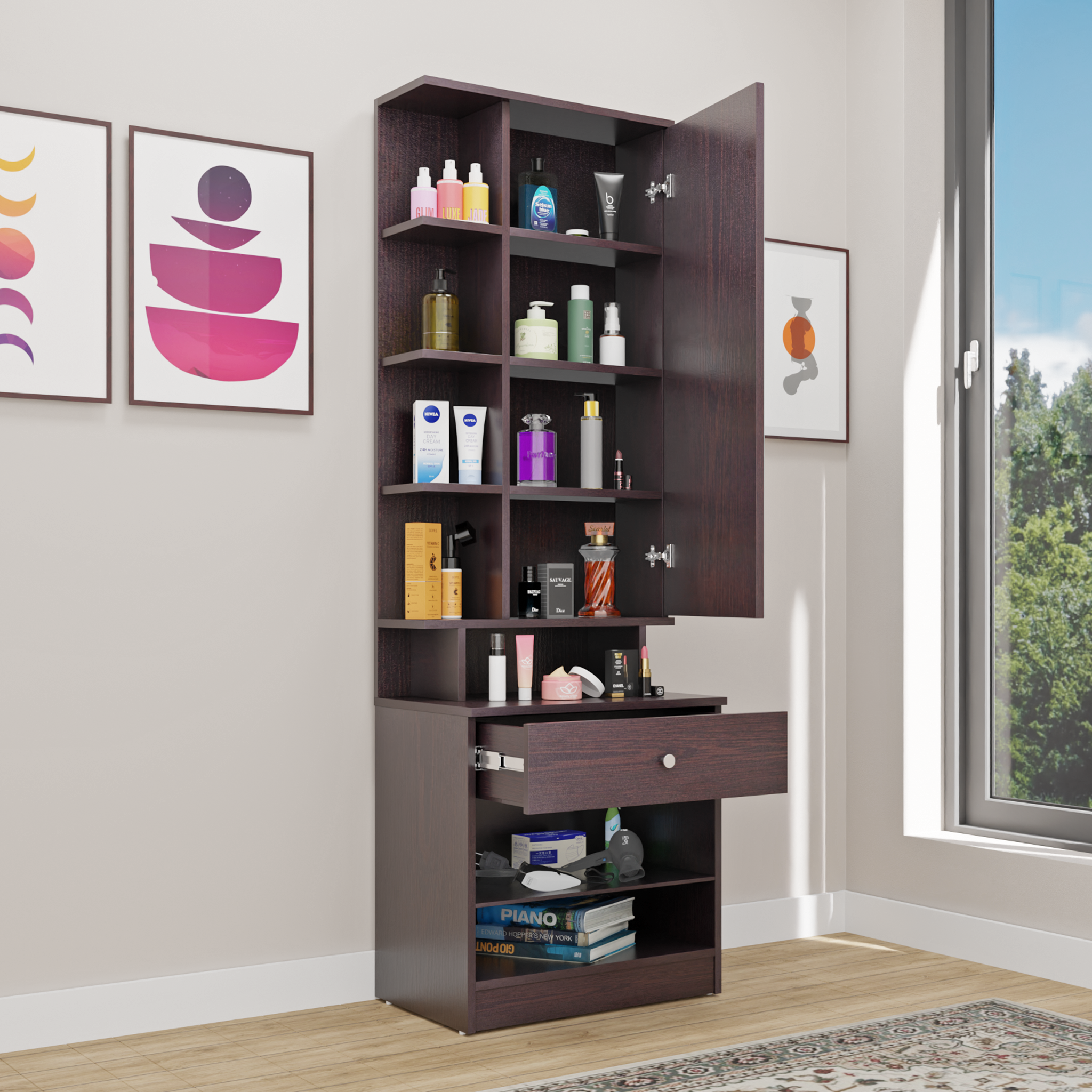 Dressing Table with Mirror Door | Door | Drawer & Open Shelves Dressing Table VIKI FURNITURE