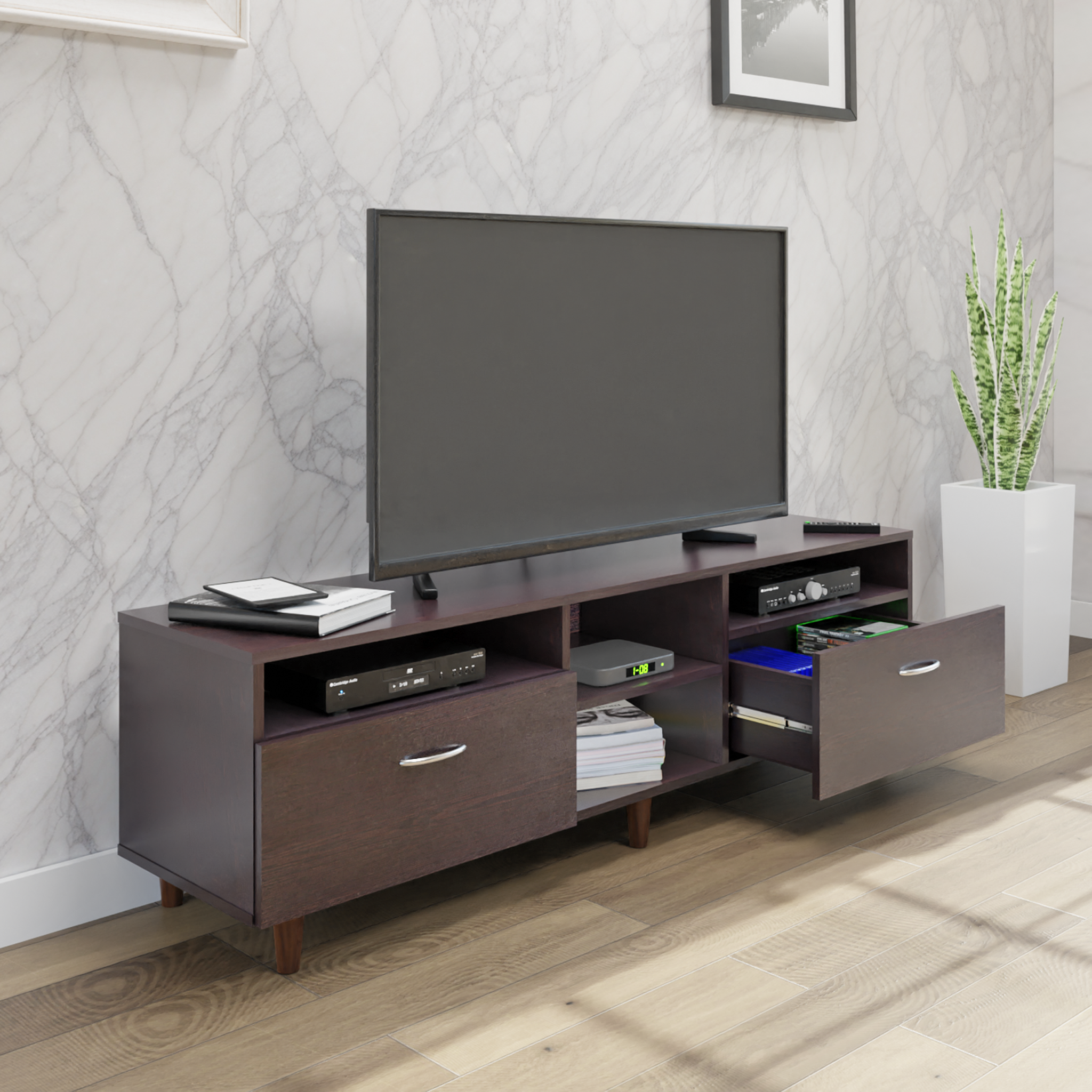 TV Unit | 2 Drawers, Open Shelves | Single Color TV & Entertainment Unit VIKI FURNITURE