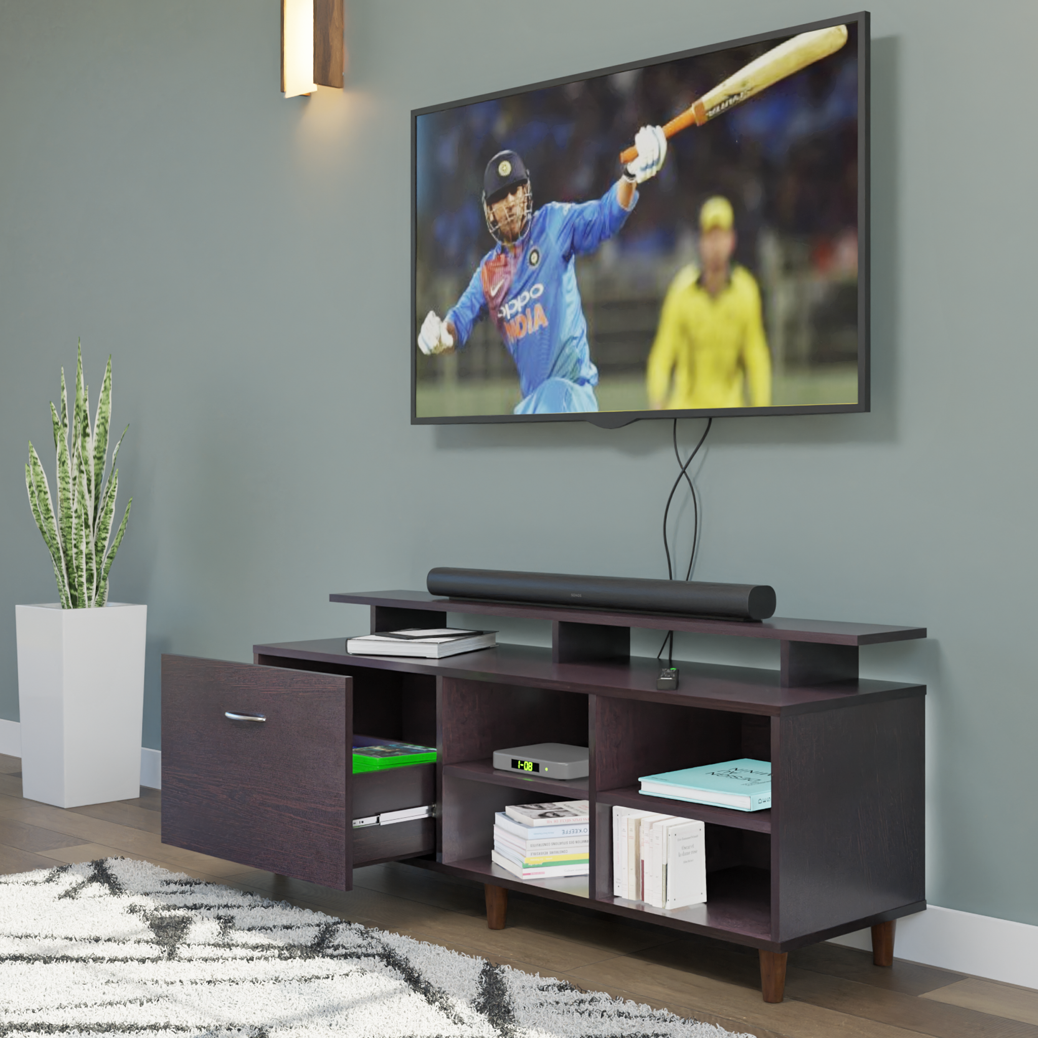 TV Unit | 1 Drawer, Open Shelves & Extension | Single Color TV & Entertainment Unit VIKI FURNITURE