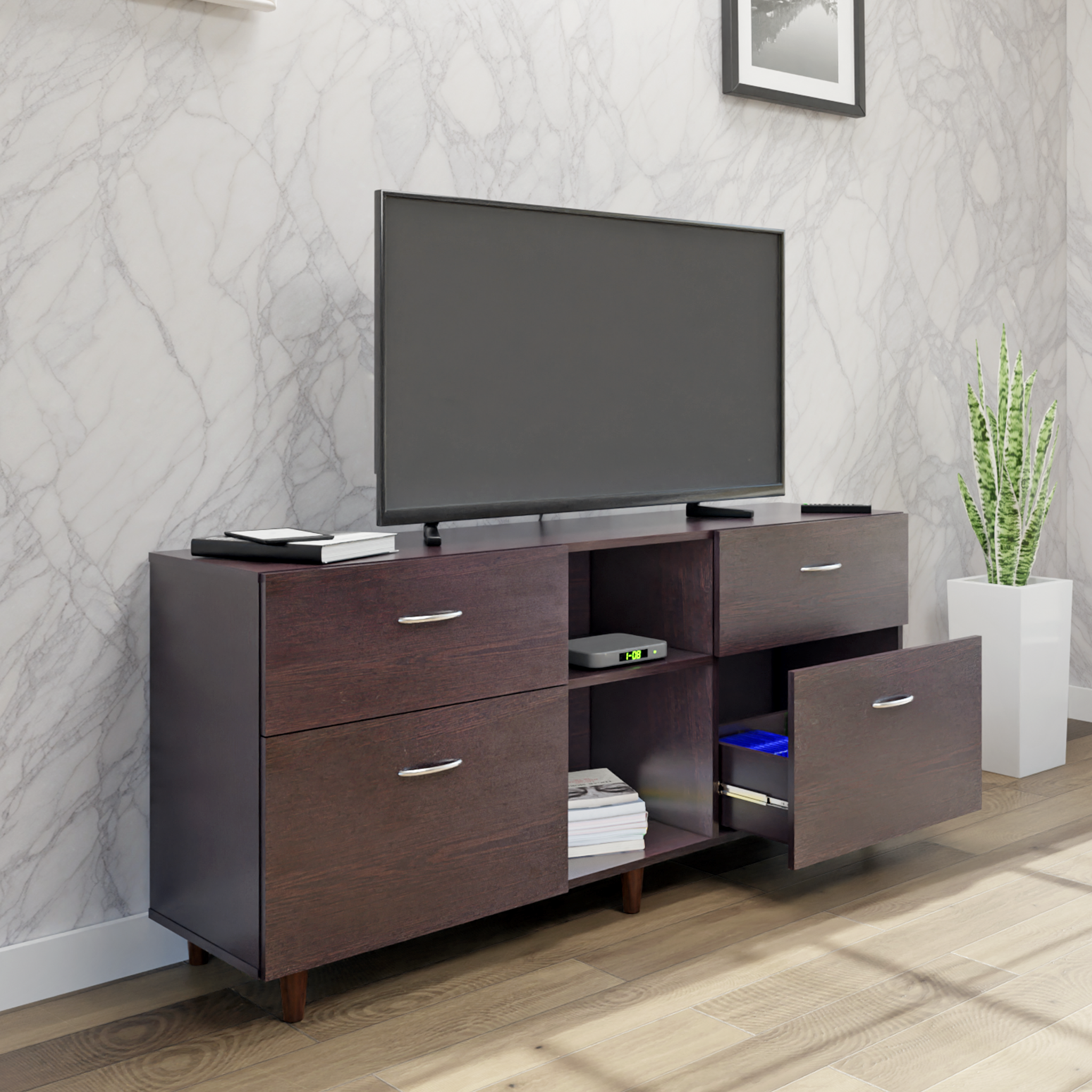 TV unit | 4 Drawers, Open Shelves | Single Color TV & Entertainment Unit VIKI FURNITURE