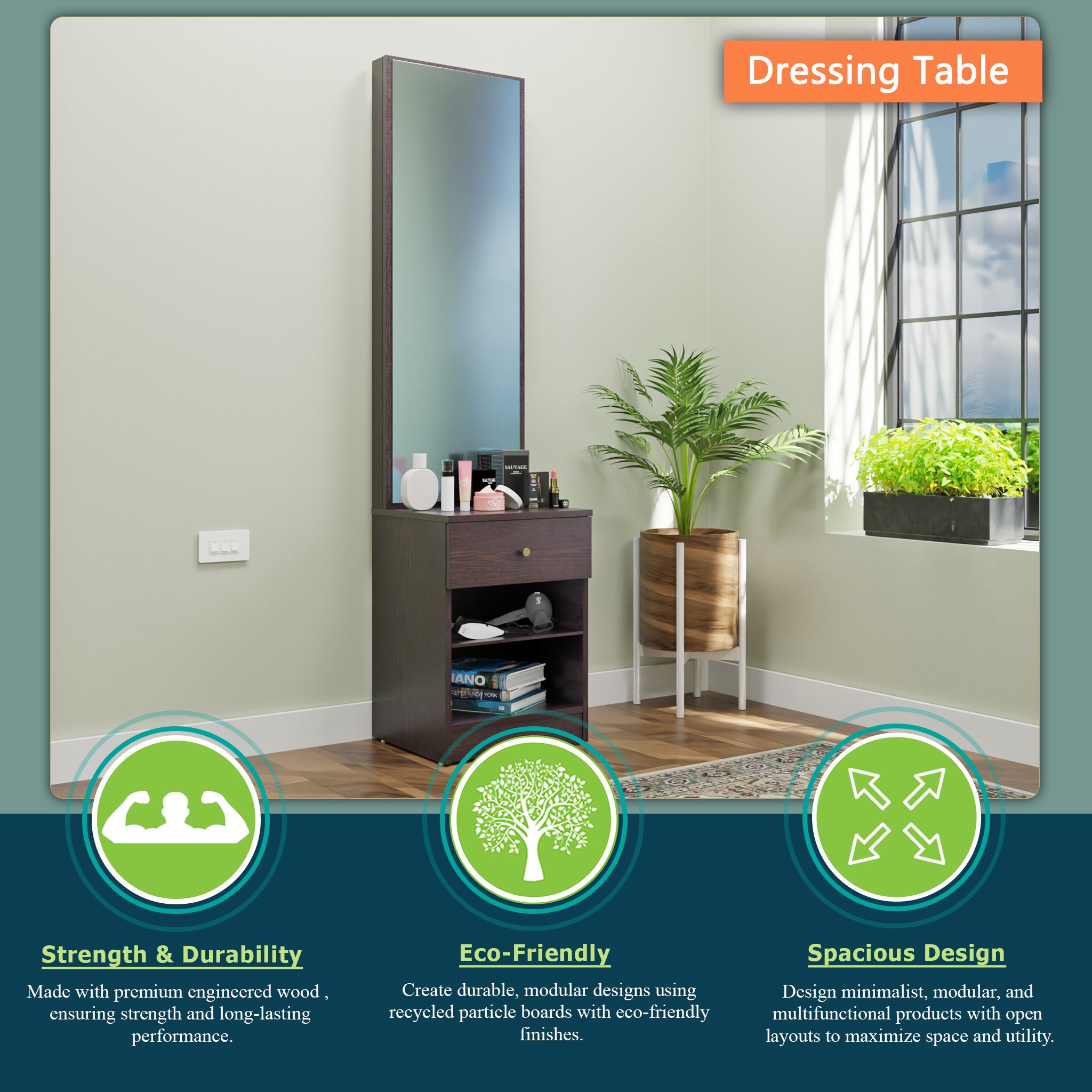 Dressing Table with Mirror Door | Drawer & Open Shelves Dressing Table VIKI FURNITURE