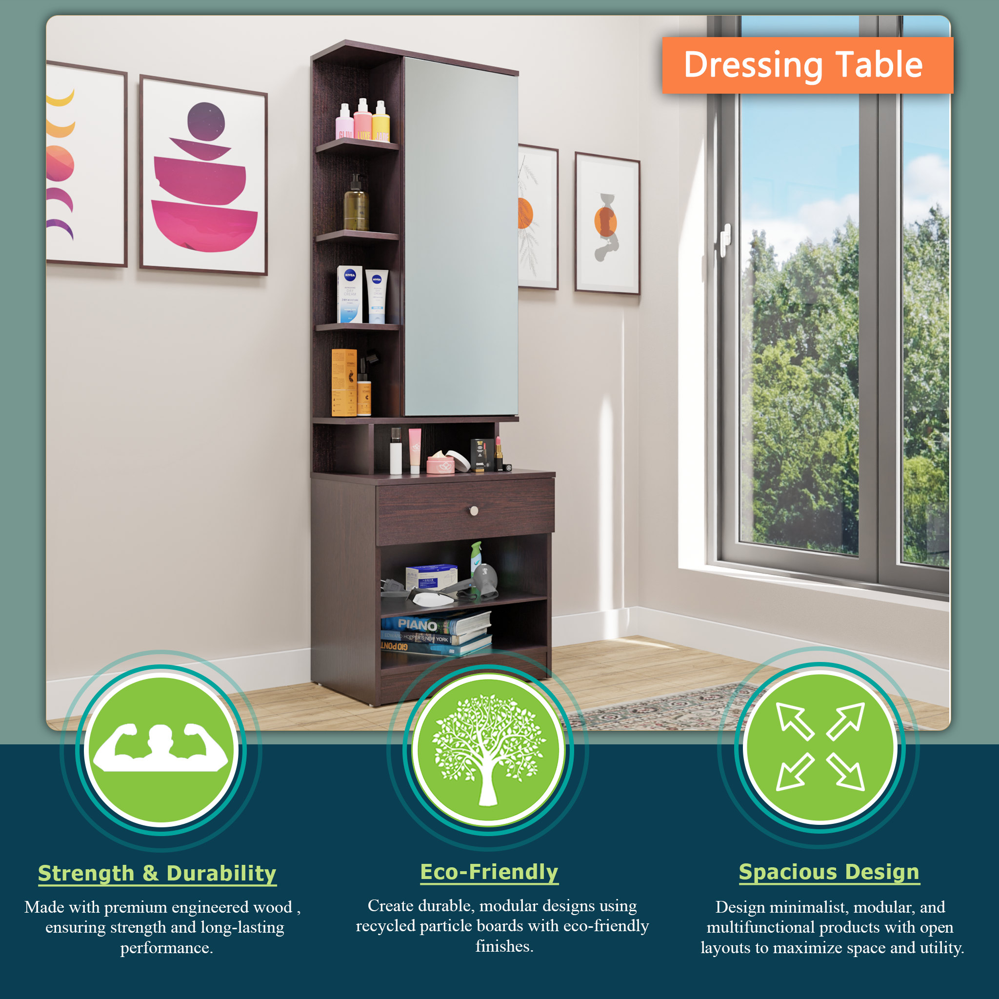 Dressing Table with Mirror Door | Door | Drawer & Open Shelves Dressing Table VIKI FURNITURE