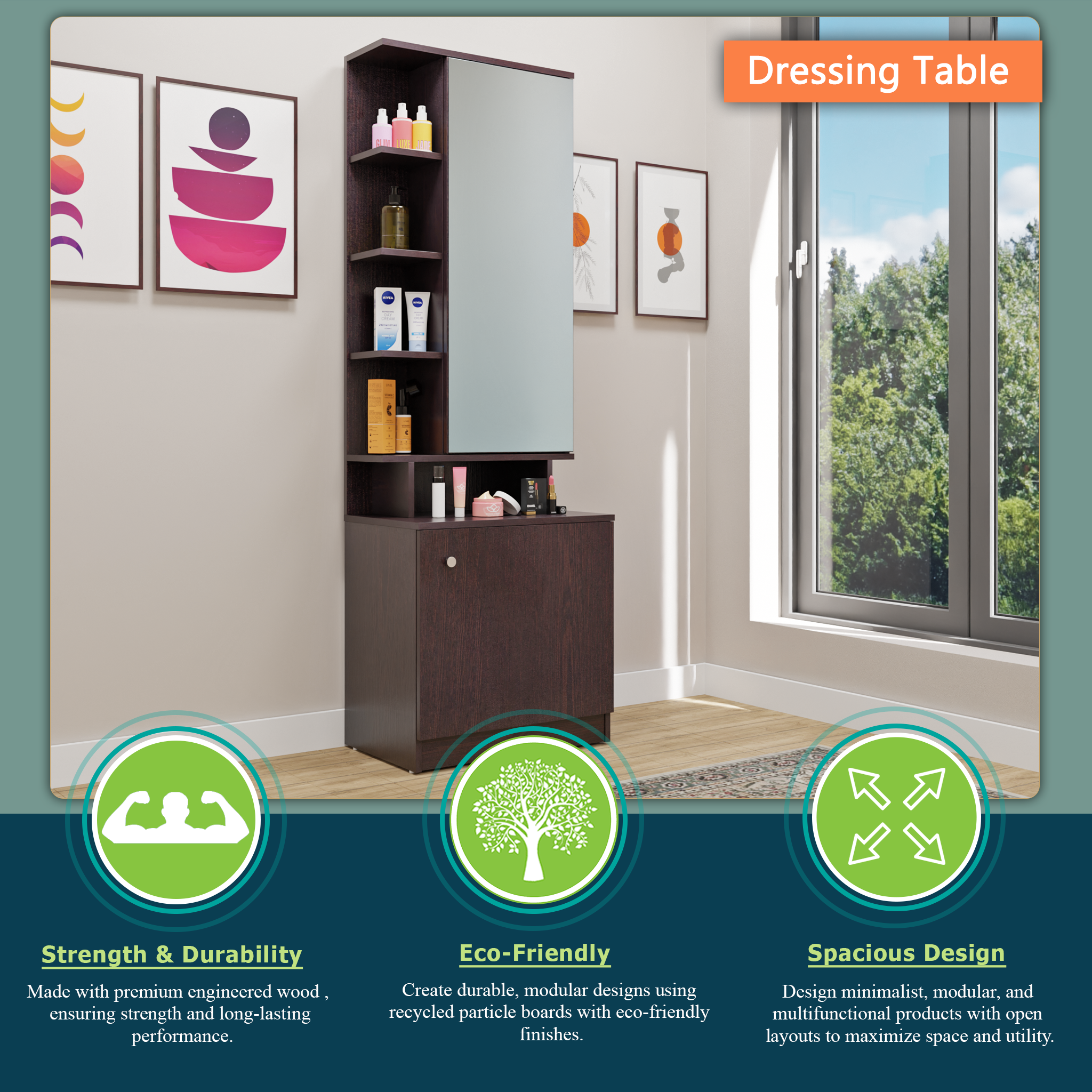 Dressing Table with Mirror Door | Drawer & Open Shelves Dressing Table VIKI FURNITURE