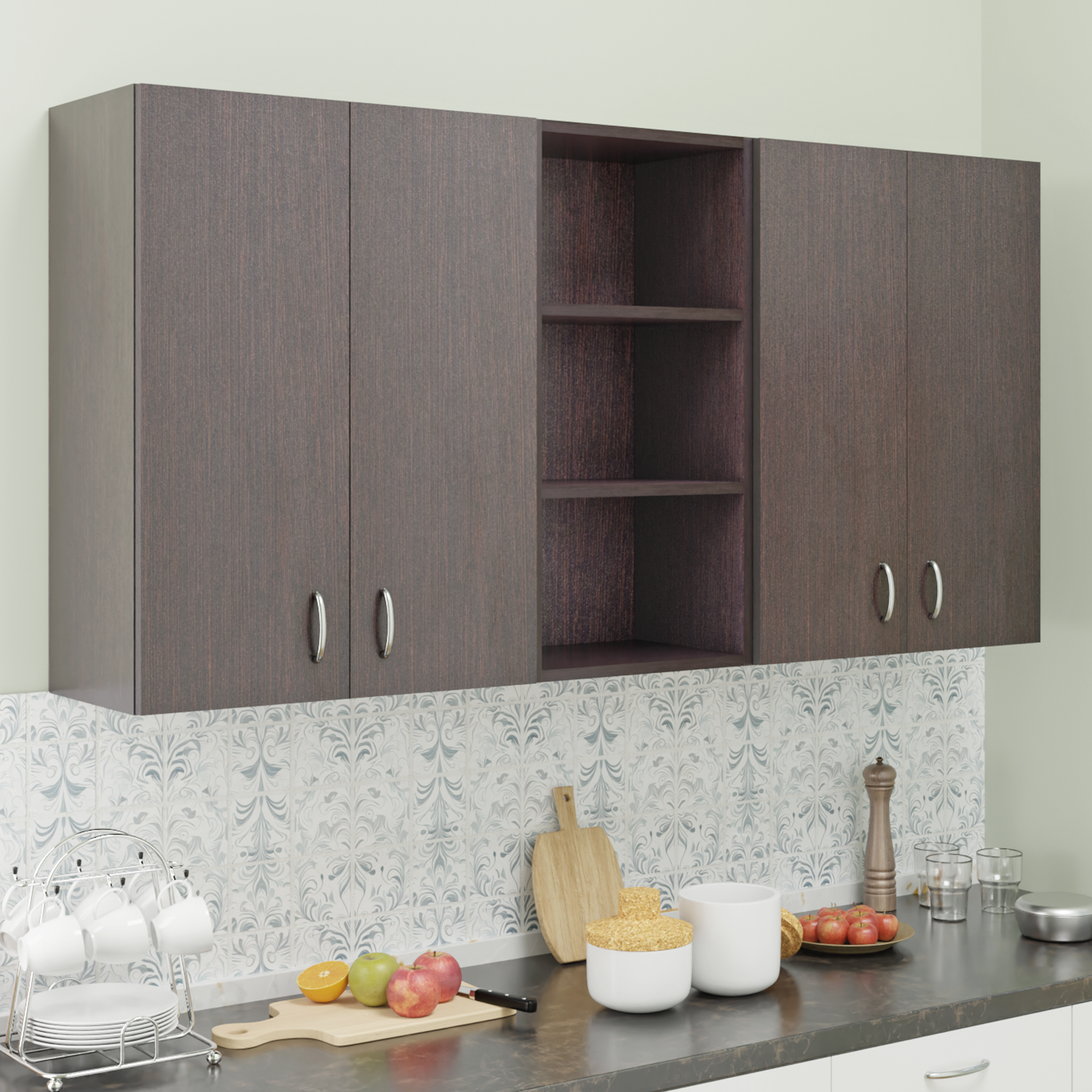 Traksha | Modular Kitchen | Wall Cabinet - 4 Doors with Open Shelf kitchen cabinet VIKI FURNITURE Wenge