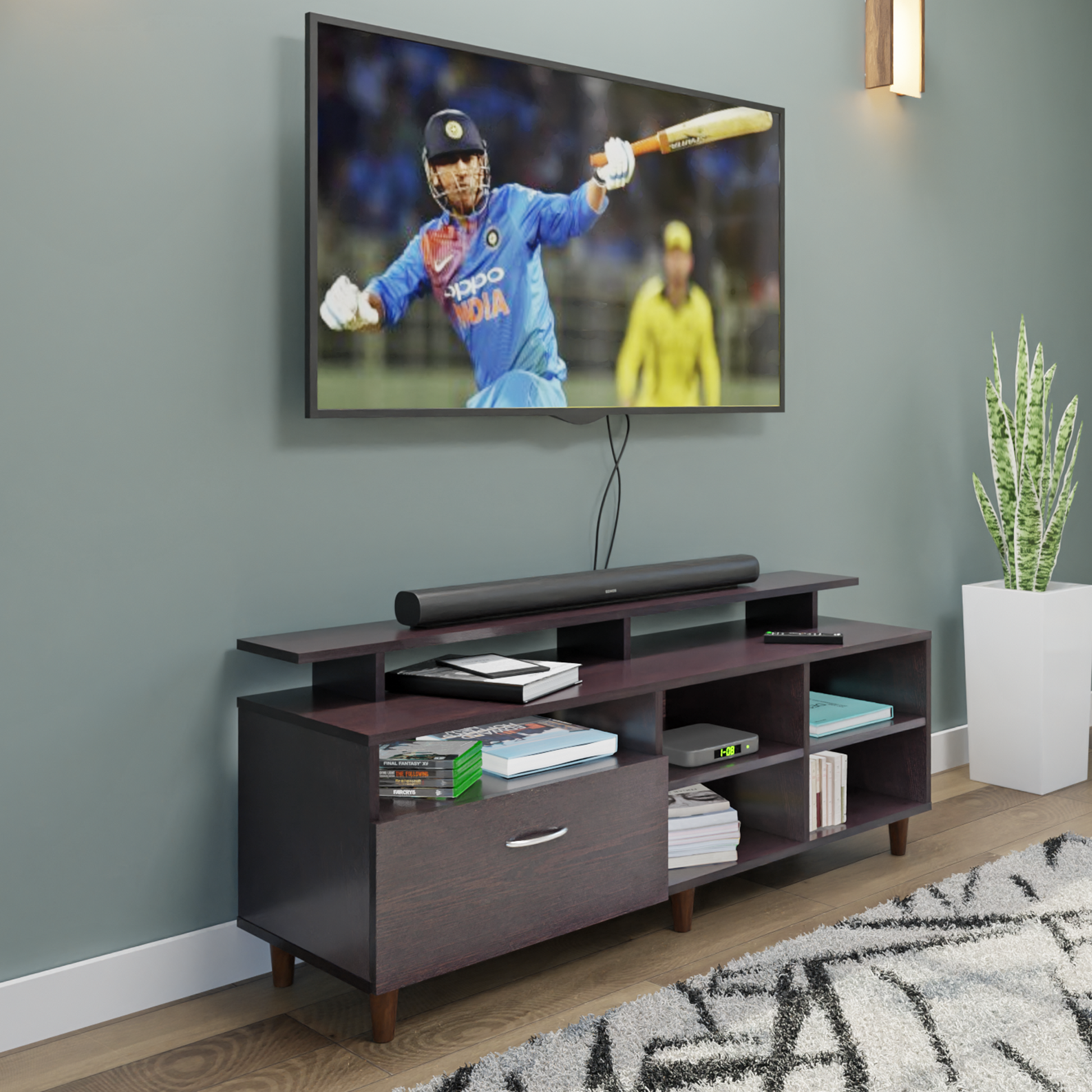 TV Unit | 1 Drawer, Shelf, Open Shelves & Extension | Single Color TV & Entertainment Unit VIKI FURNITURE Wenge