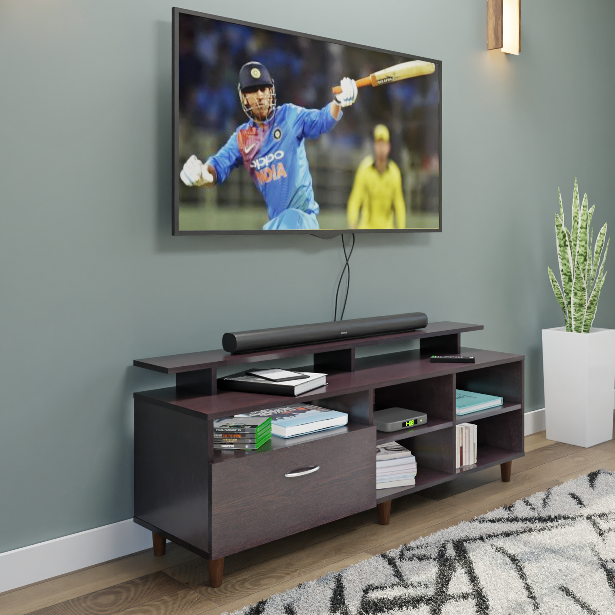 TV Unit | 1 Drawer, Shelf, Open Shelves & Extension | Single Color TV & Entertainment Unit VIKI FURNITURE Wenge