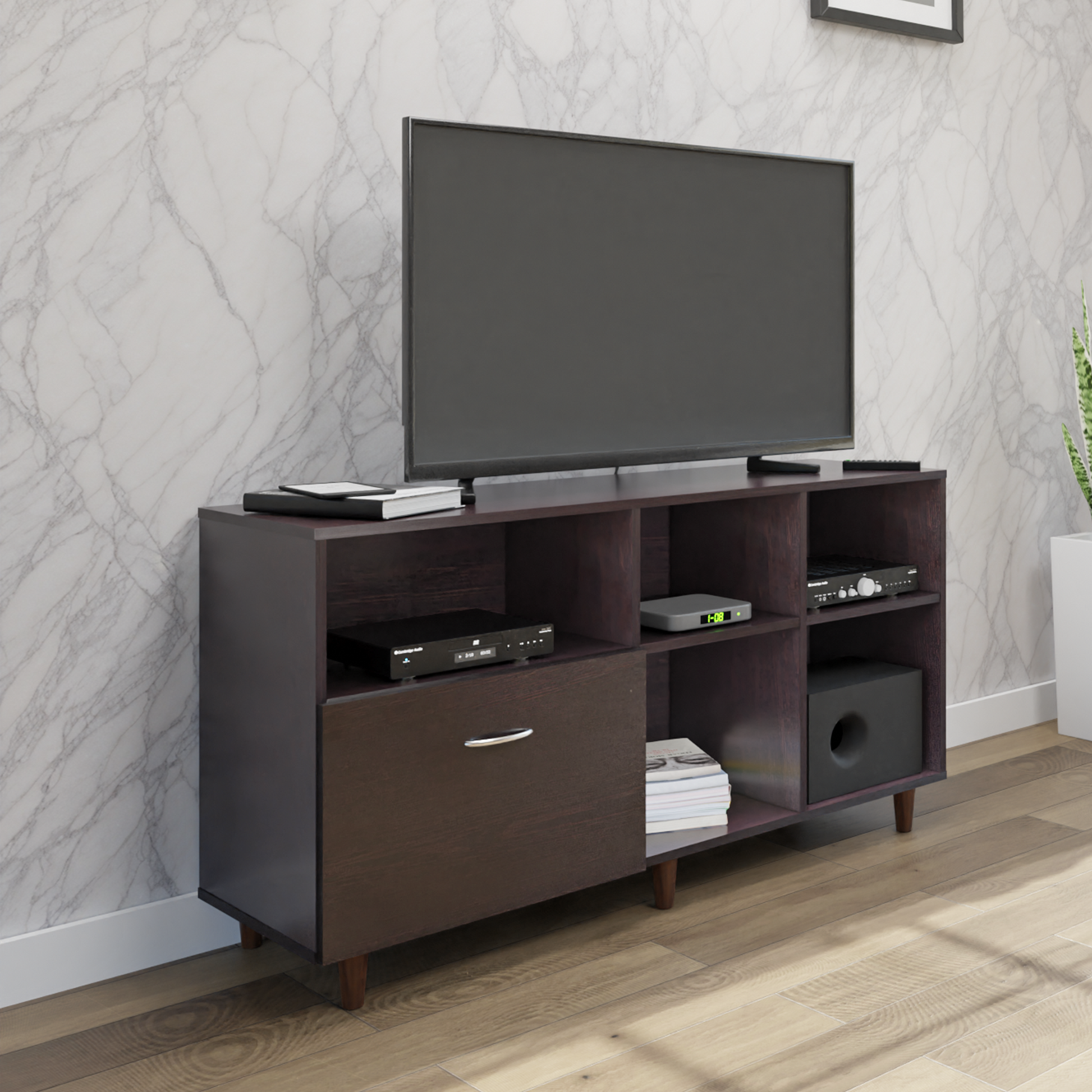 TV Unit | 1 Drawer, Shelf & Open Shelves | Single Color TV & Entertainment Unit VIKI FURNITURE Wenge