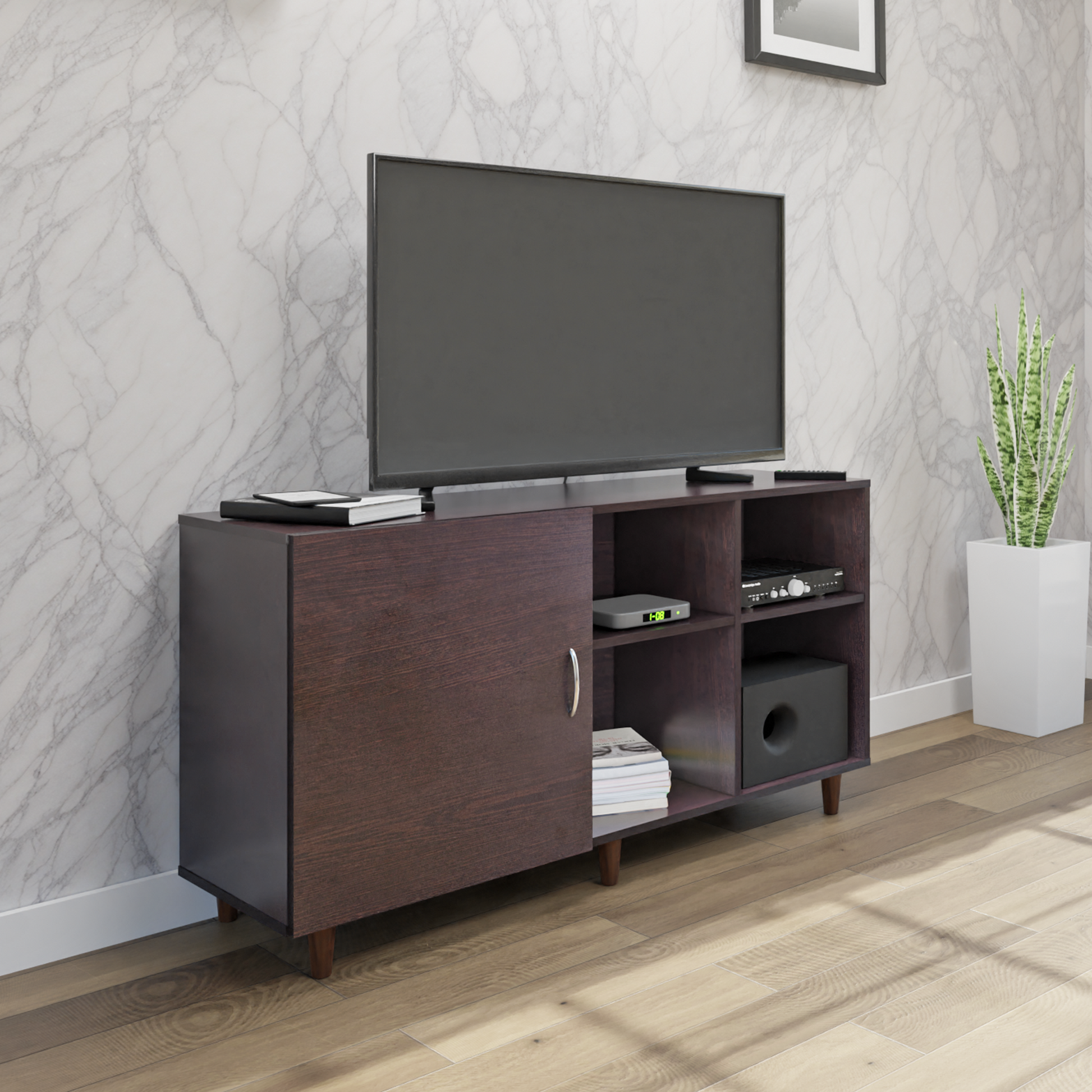 TV Unit | 1 Door, Open Shelves | Single Color TV & Entertainment Unit VIKI FURNITURE Wenge