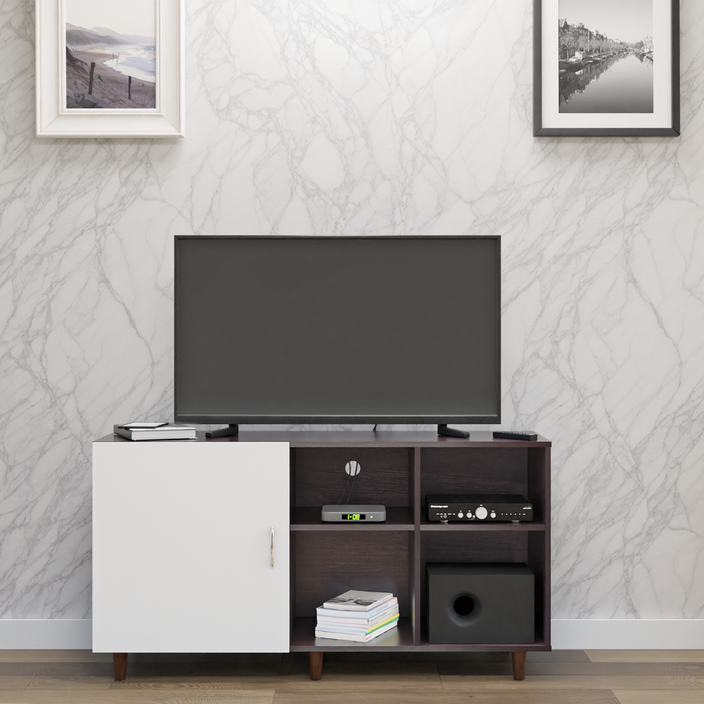 TV Unit | 1 Door, Open Shelves | Dual Color TV & Entertainment Unit VIKI FURNITURE