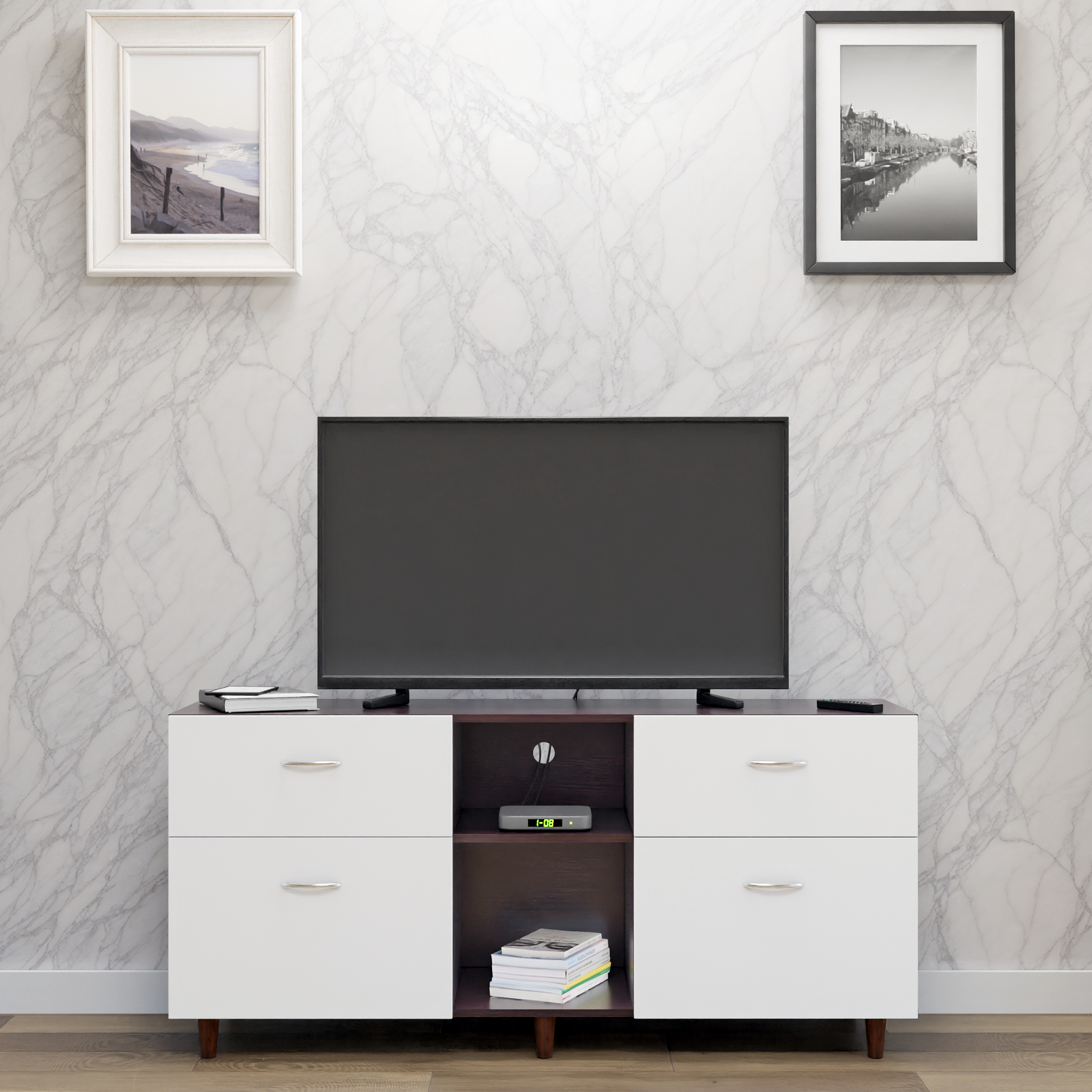TV unit | 4 Drawers, Open Shelves | Dual Color TV & Entertainment Unit VIKI FURNITURE Dark Wenge with Frosty White