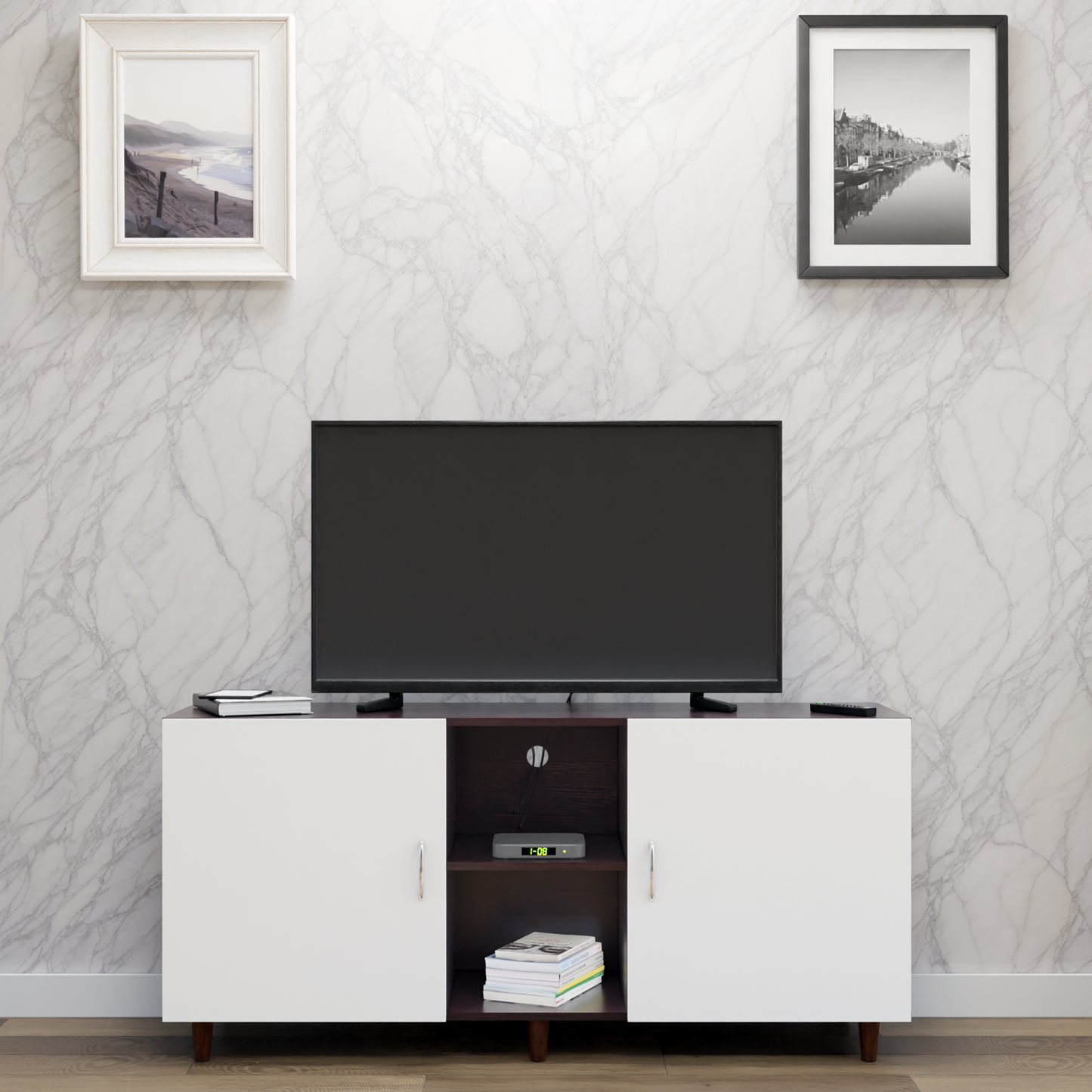 TV Unit | 2 Doors, Open Shelves | Dual Color TV & Entertainment Unit VIKI FURNITURE Dark Wenge with Frosty White