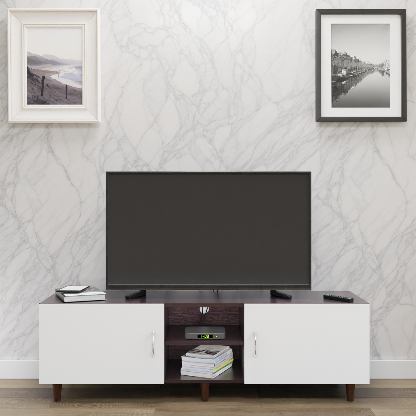 TV Unit | 2 Doors, Open Shelves | Dual Color TV & Entertainment Unit VIKI FURNITURE Dark Wenge with Frosty White