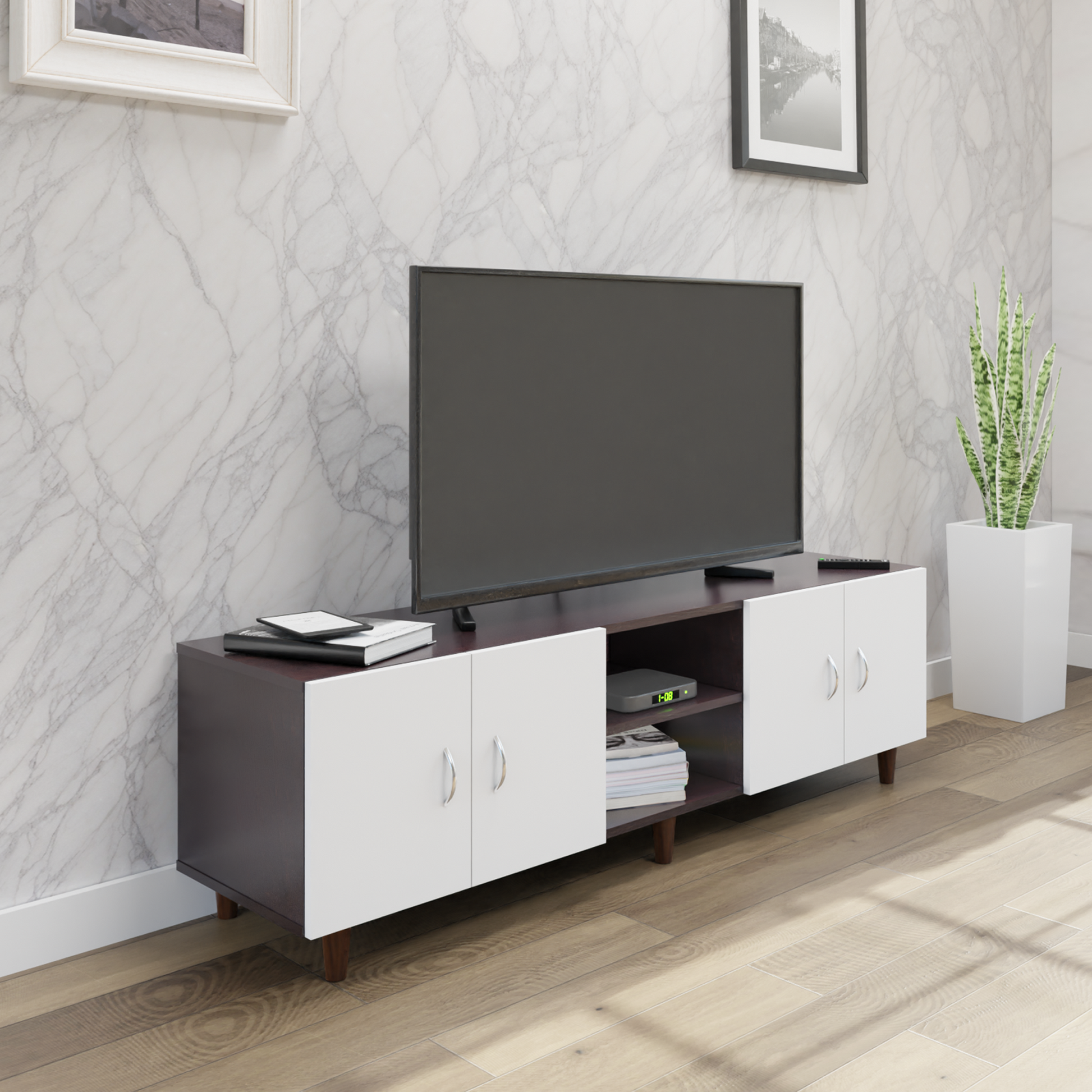 TV unit | 4 Doors, Open Shelves | Dual Color TV & Entertainment Unit VIKI FURNITURE