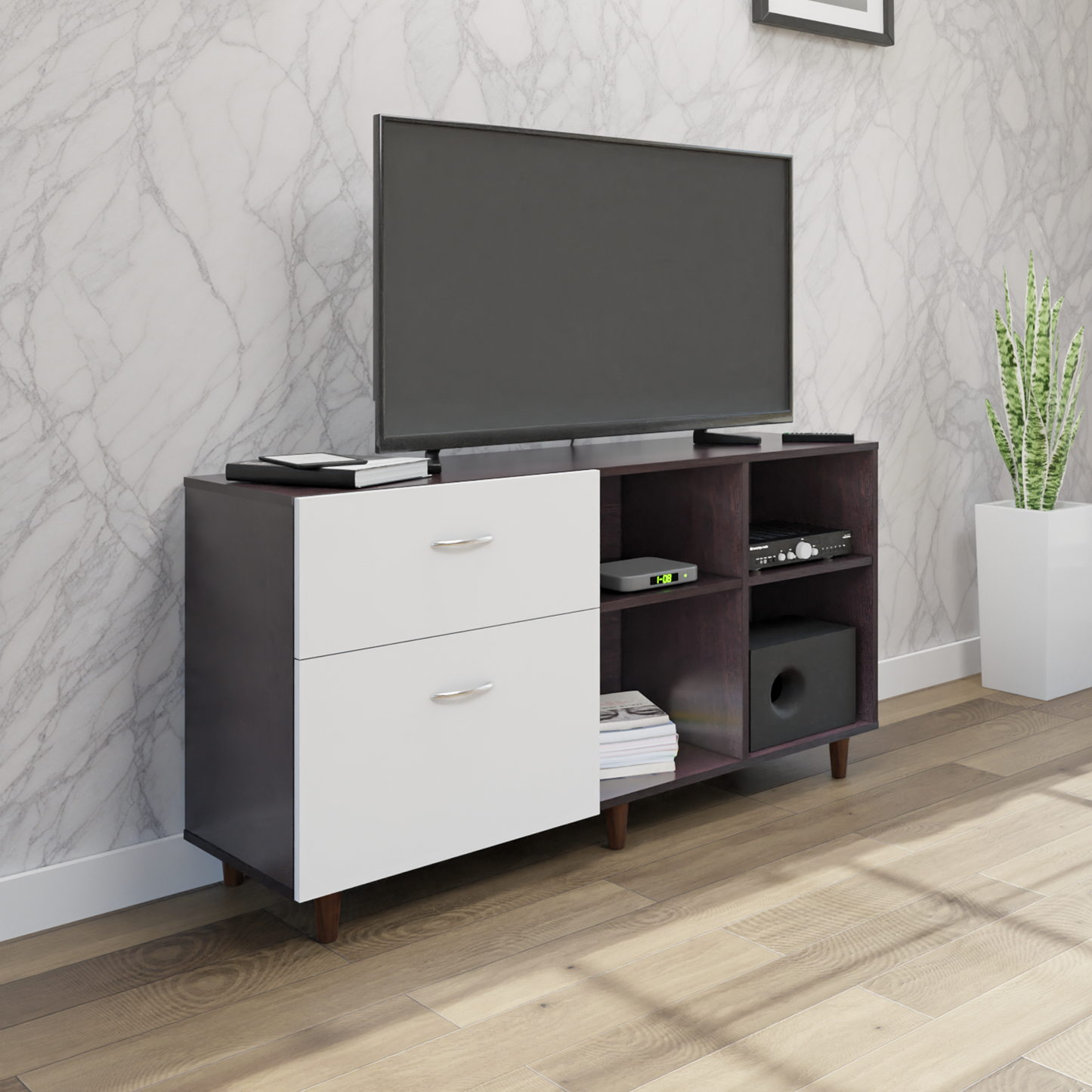 TV Unit | 2 Drawers, Shelf & Open Shelves | Dual Color TV & Entertainment Unit VIKI FURNITURE