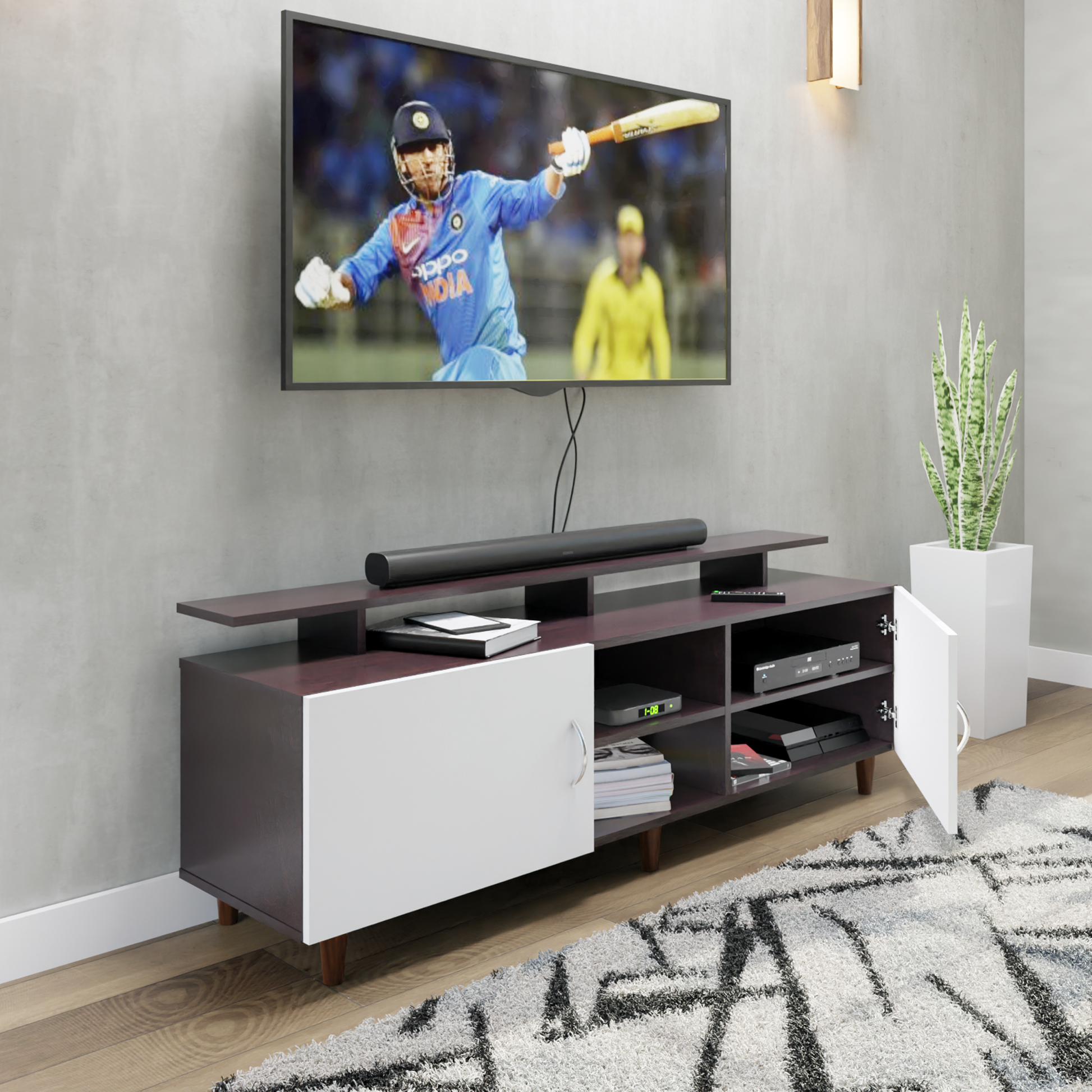 TV unit | 2 Doors, Open Shelves & Extension | Dual Color TV & Entertainment Unit VIKI FURNITURE