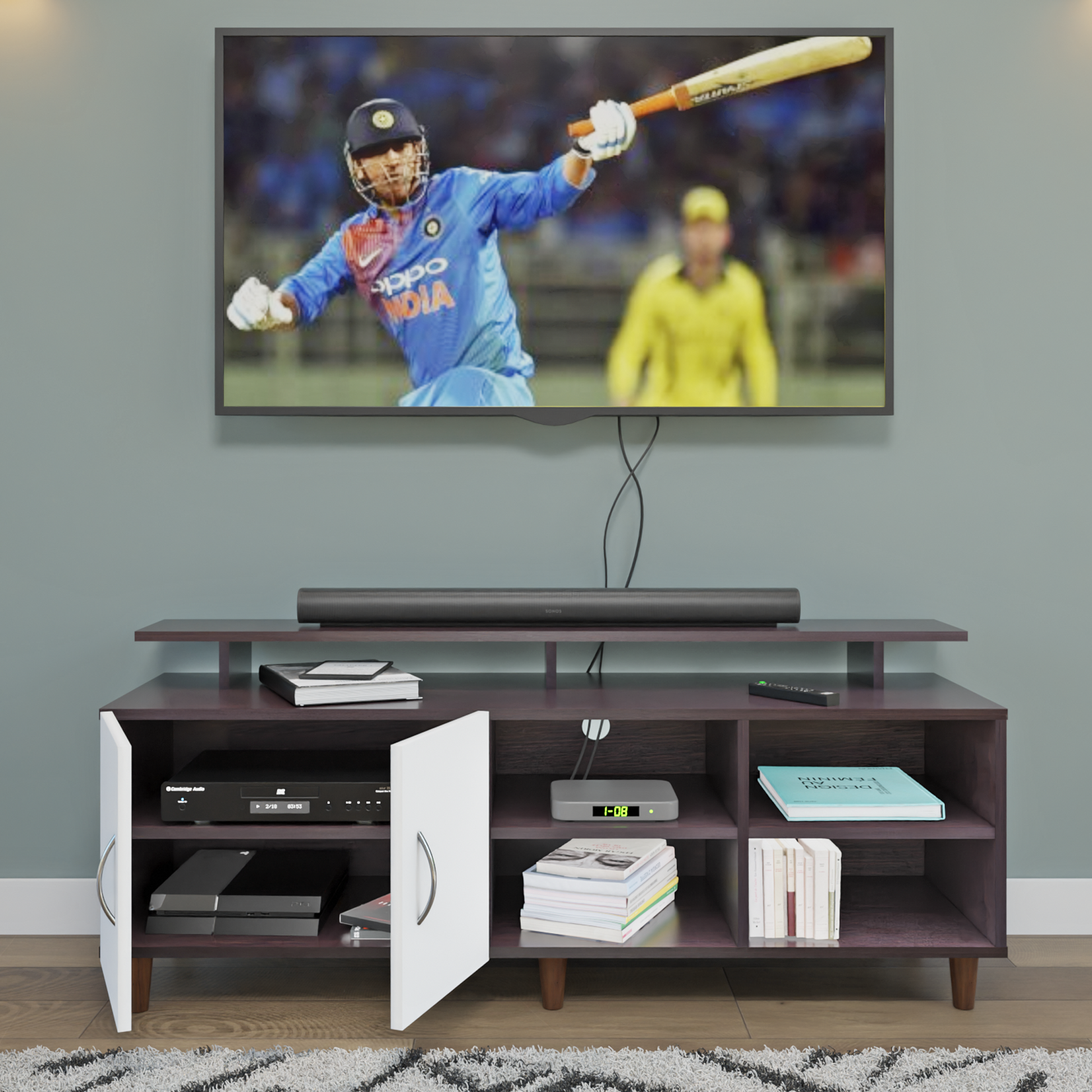 TV Unit | 2 Door, Open Shelves & Extension | Dual Color TV & Entertainment Unit VIKI FURNITURE