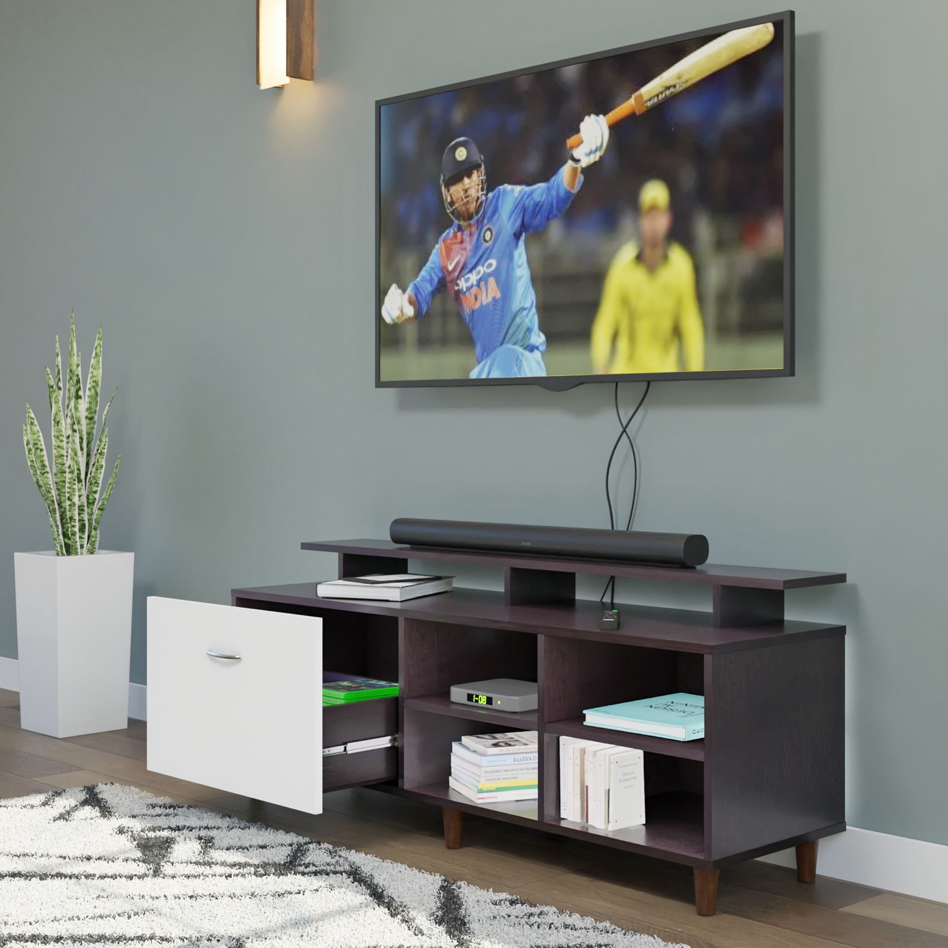TV Unit | 1 Drawer, Open Shelves & Extension | Dual Color TV & Entertainment Unit VIKI FURNITURE