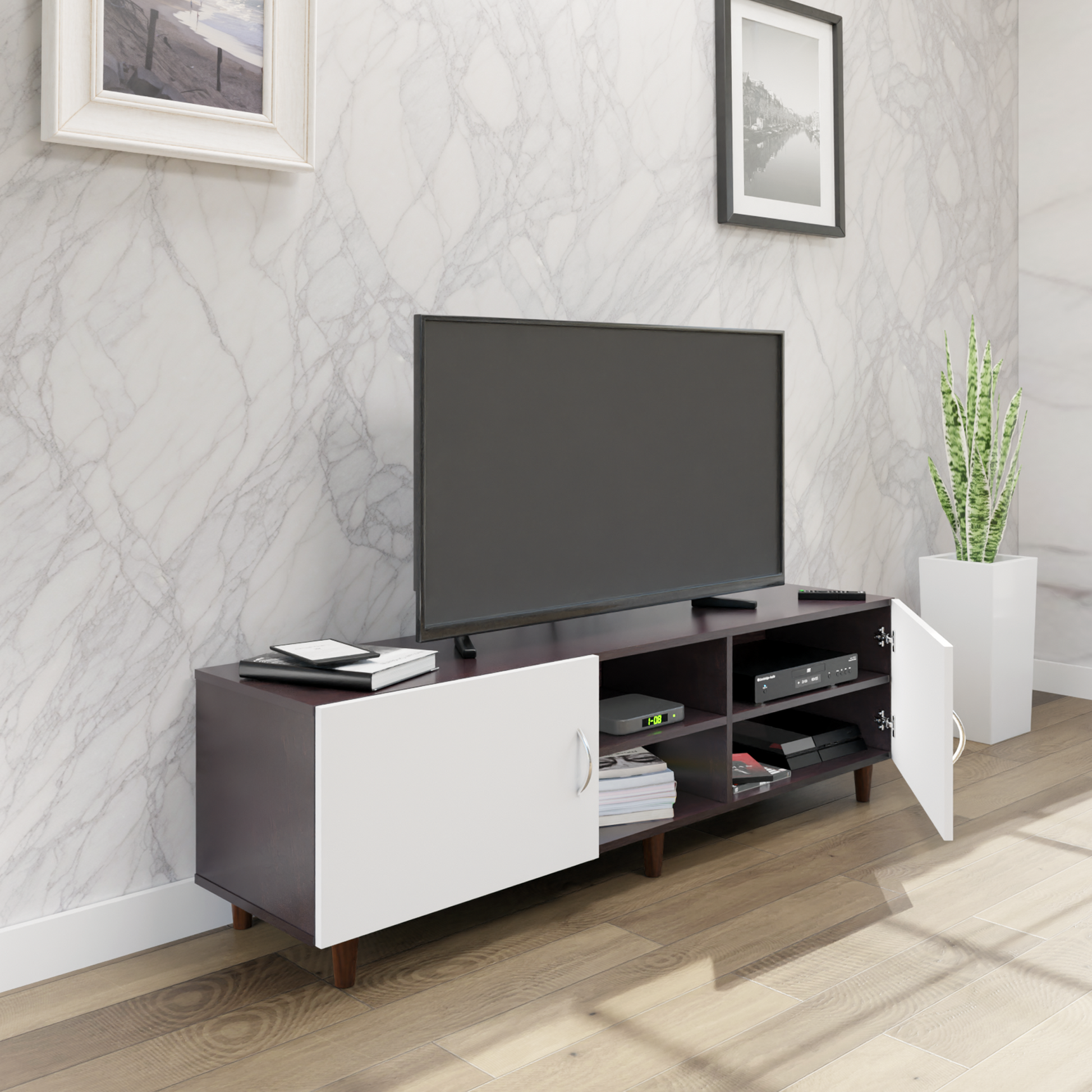 TV Unit | 2 Doors, Open Shelves | Dual Color TV & Entertainment Unit VIKI FURNITURE