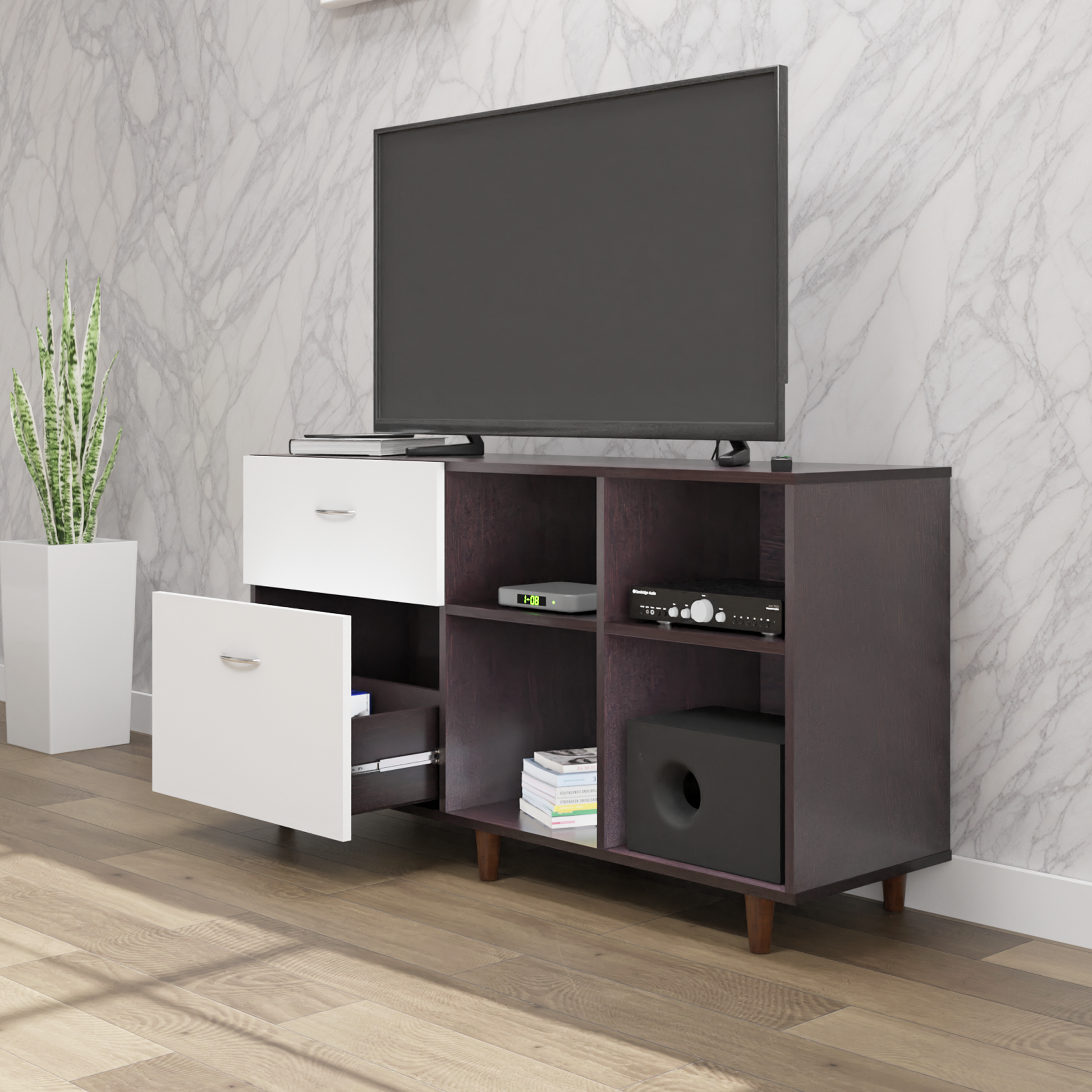 TV Unit | 2 Drawers, Shelf & Open Shelves | Dual Color TV & Entertainment Unit VIKI FURNITURE