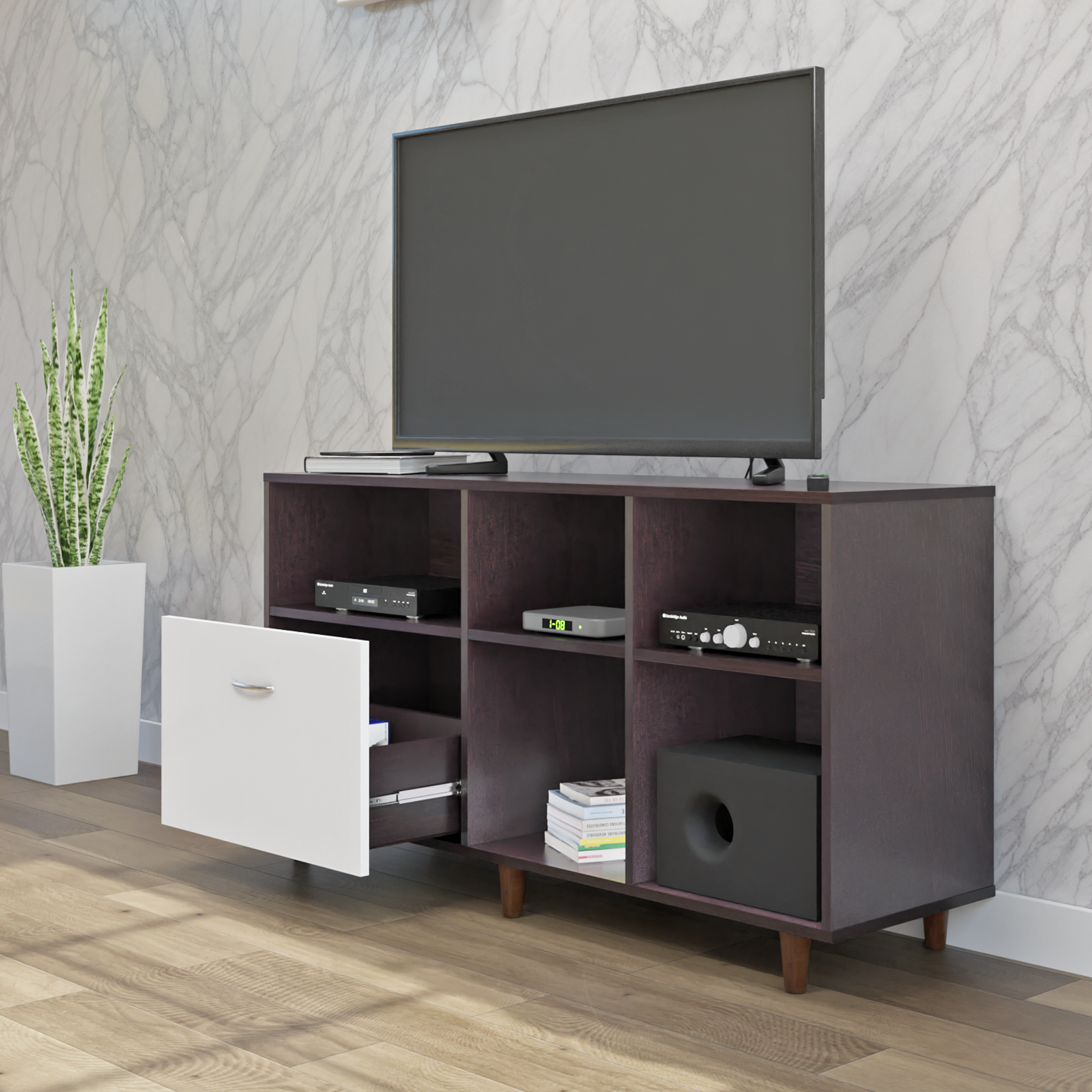 TV Unit | 1 Drawer, Shelf & Open Shelves | Dual Color TV & Entertainment Unit VIKI FURNITURE
