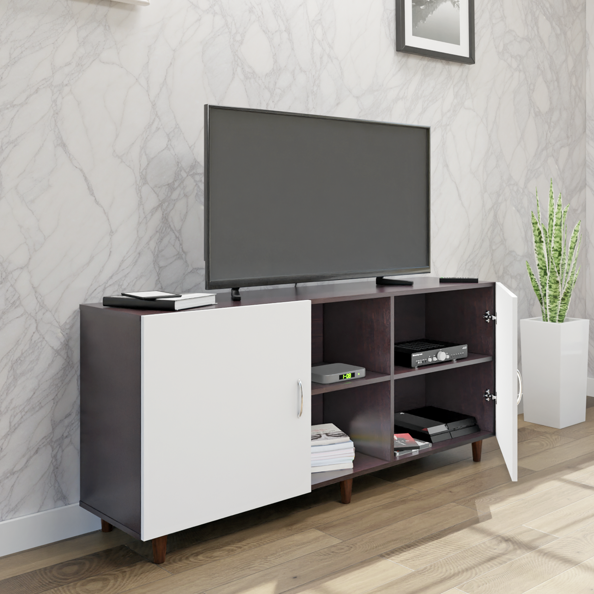 TV Unit | 2 Doors, Open Shelves | Dual Color TV & Entertainment Unit VIKI FURNITURE
