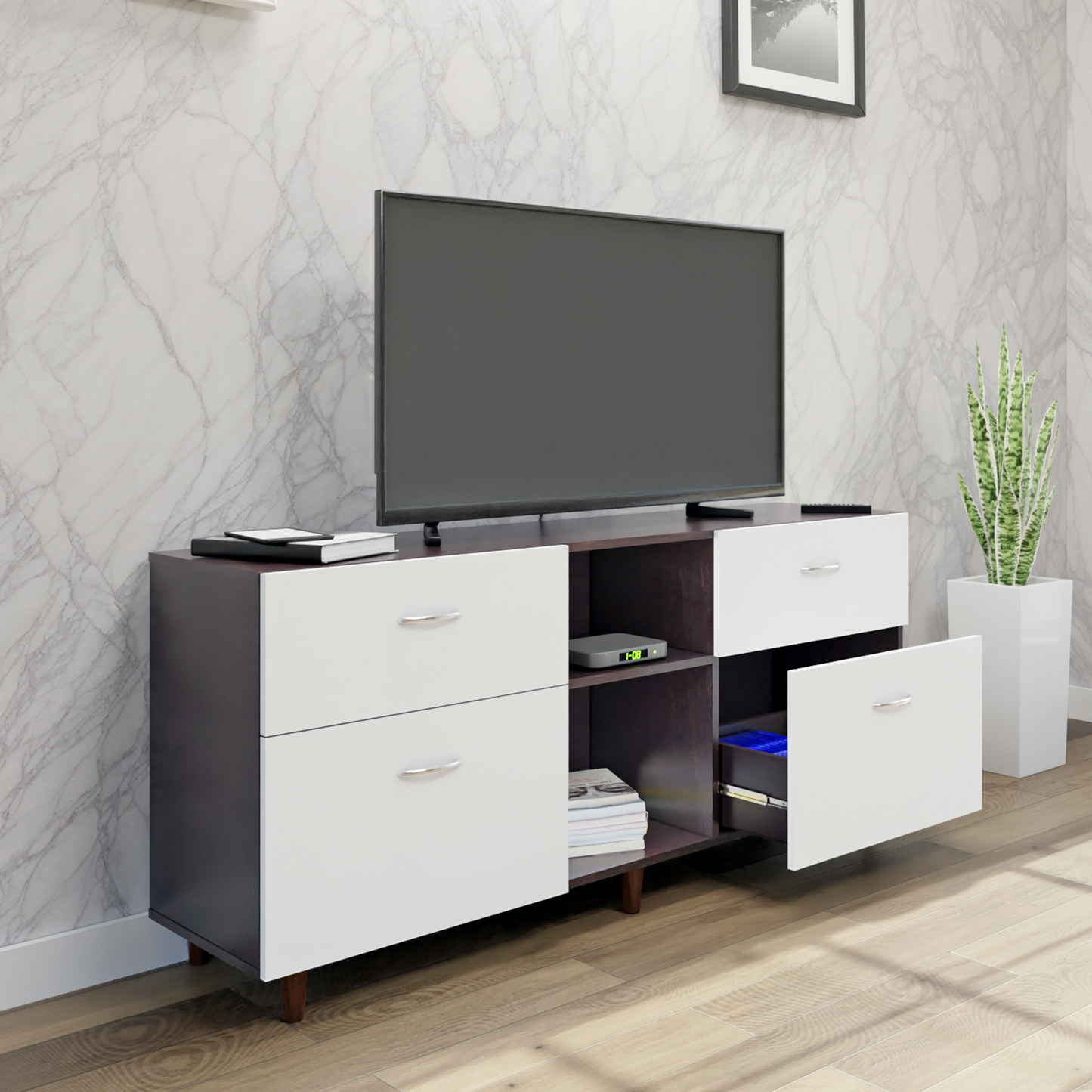 TV unit | 4 Drawers, Open Shelves | Dual Color TV & Entertainment Unit VIKI FURNITURE