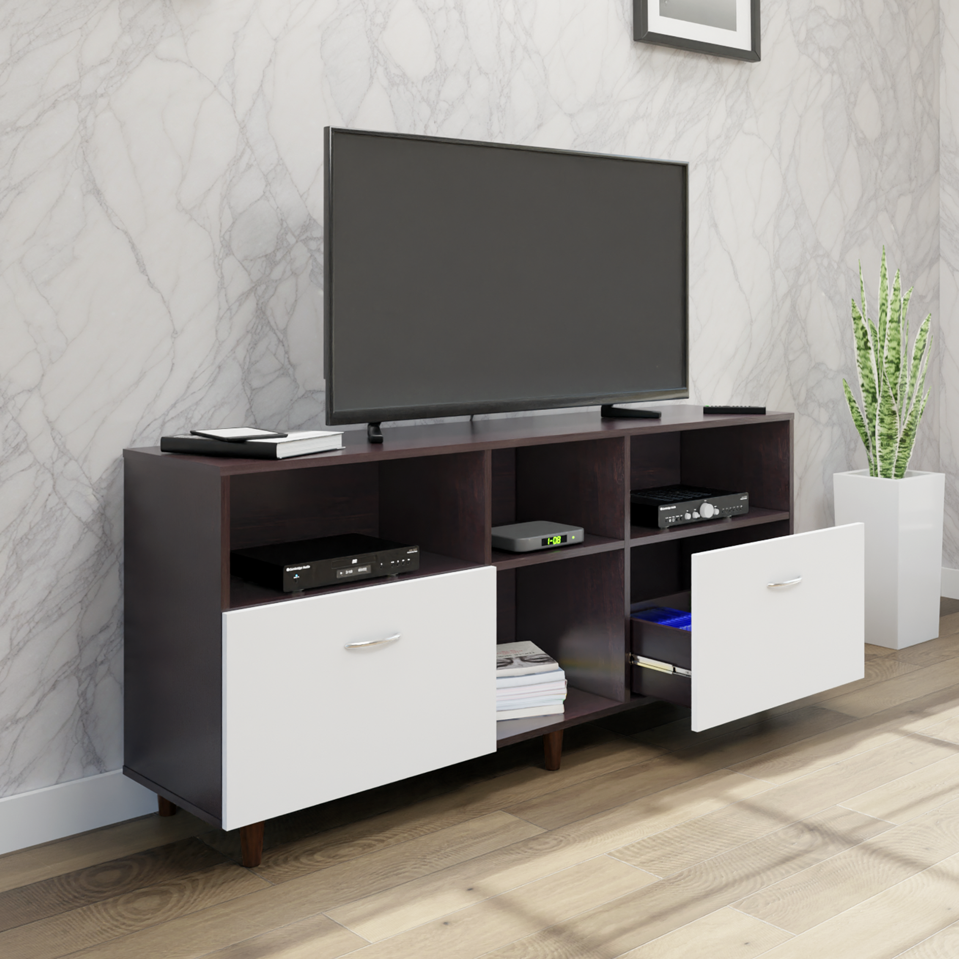 TV unit | 2 Drawers, Shelf & Open Shelves | Dual Color TV & Entertainment Unit VIKI FURNITURE