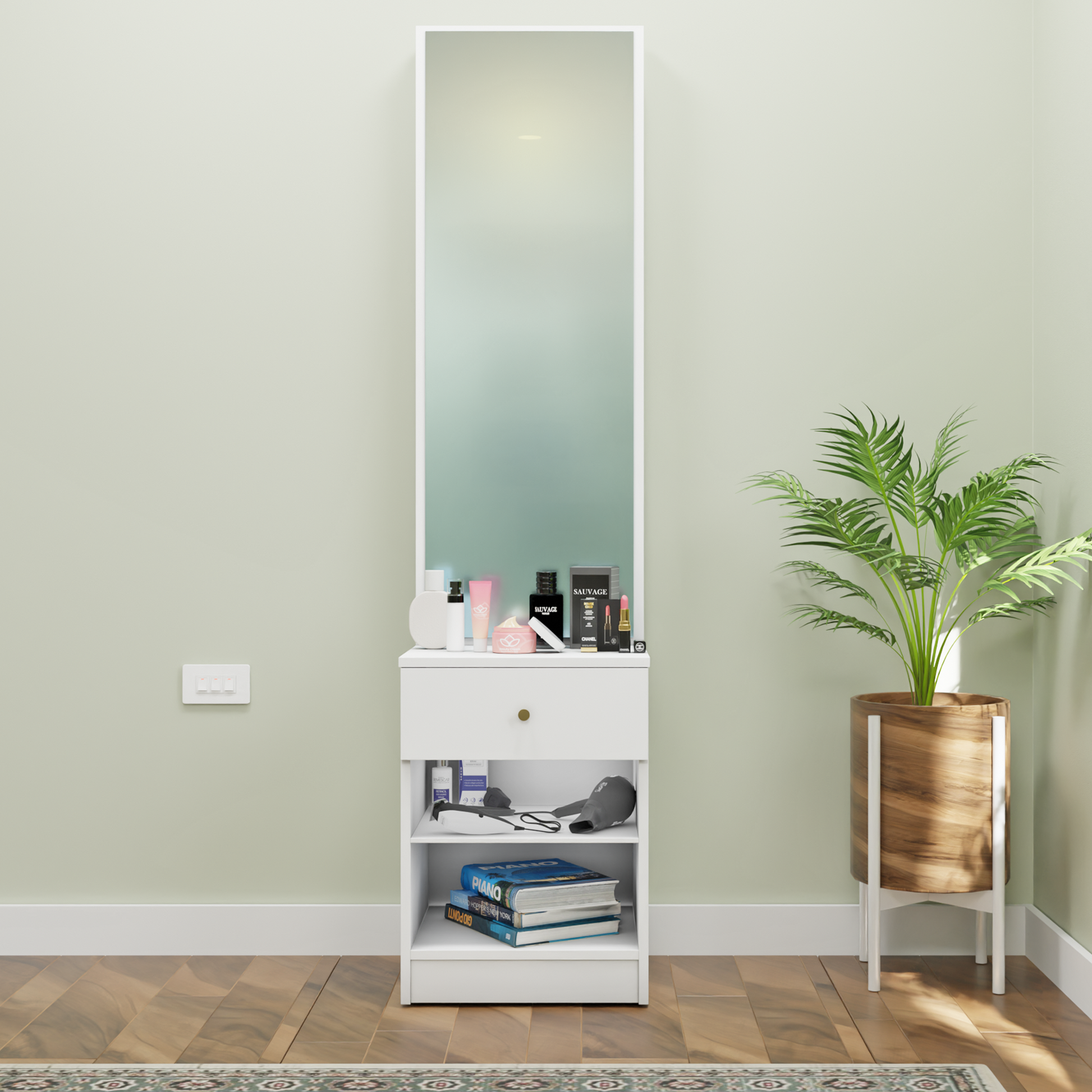 Dressing Table with Mirror Door | Drawer & Open Shelves Dressing Table VIKI FURNITURE