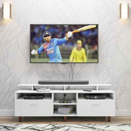 TV Unit | 2 Drawers, Open Shelves & Extension | Single Color TV & Entertainment Unit VIKI FURNITURE Frosty White