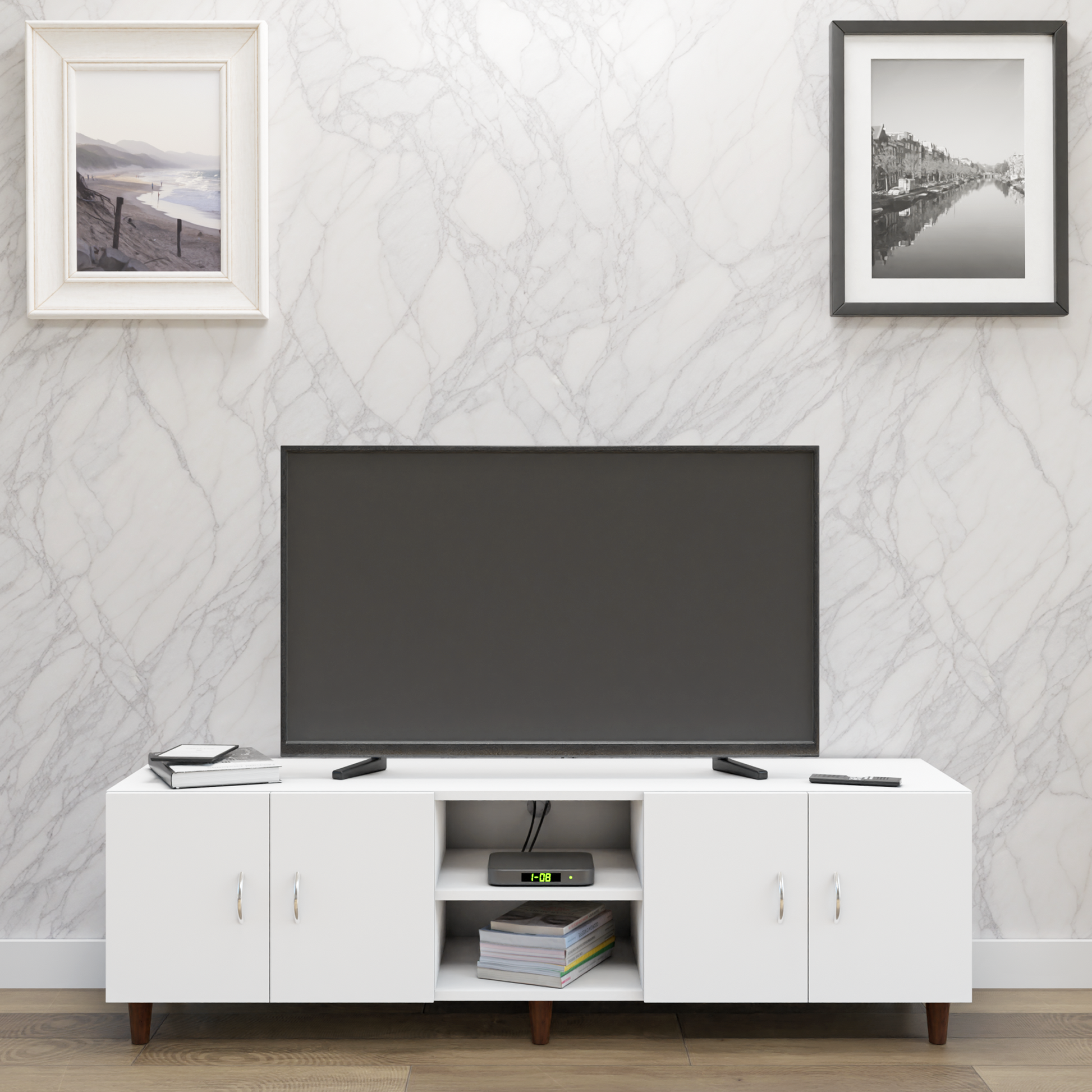TV unit | 4 Doors, Open Shelves | Single Color TV & Entertainment Unit VIKI FURNITURE Frosty White