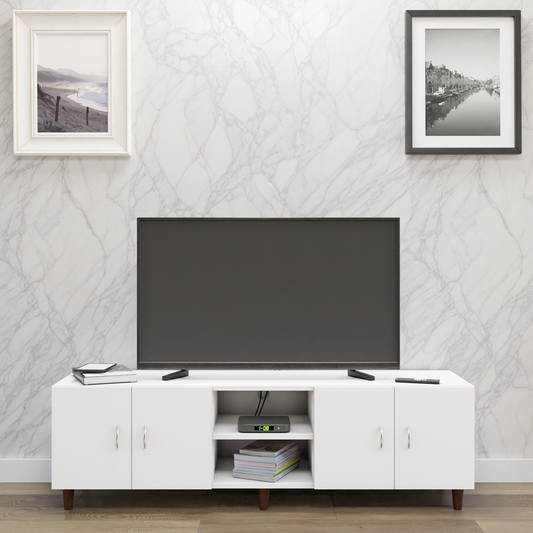 TV unit | 4 Doors, Open Shelves | Single Color TV & Entertainment Unit VIKI FURNITURE Frosty White