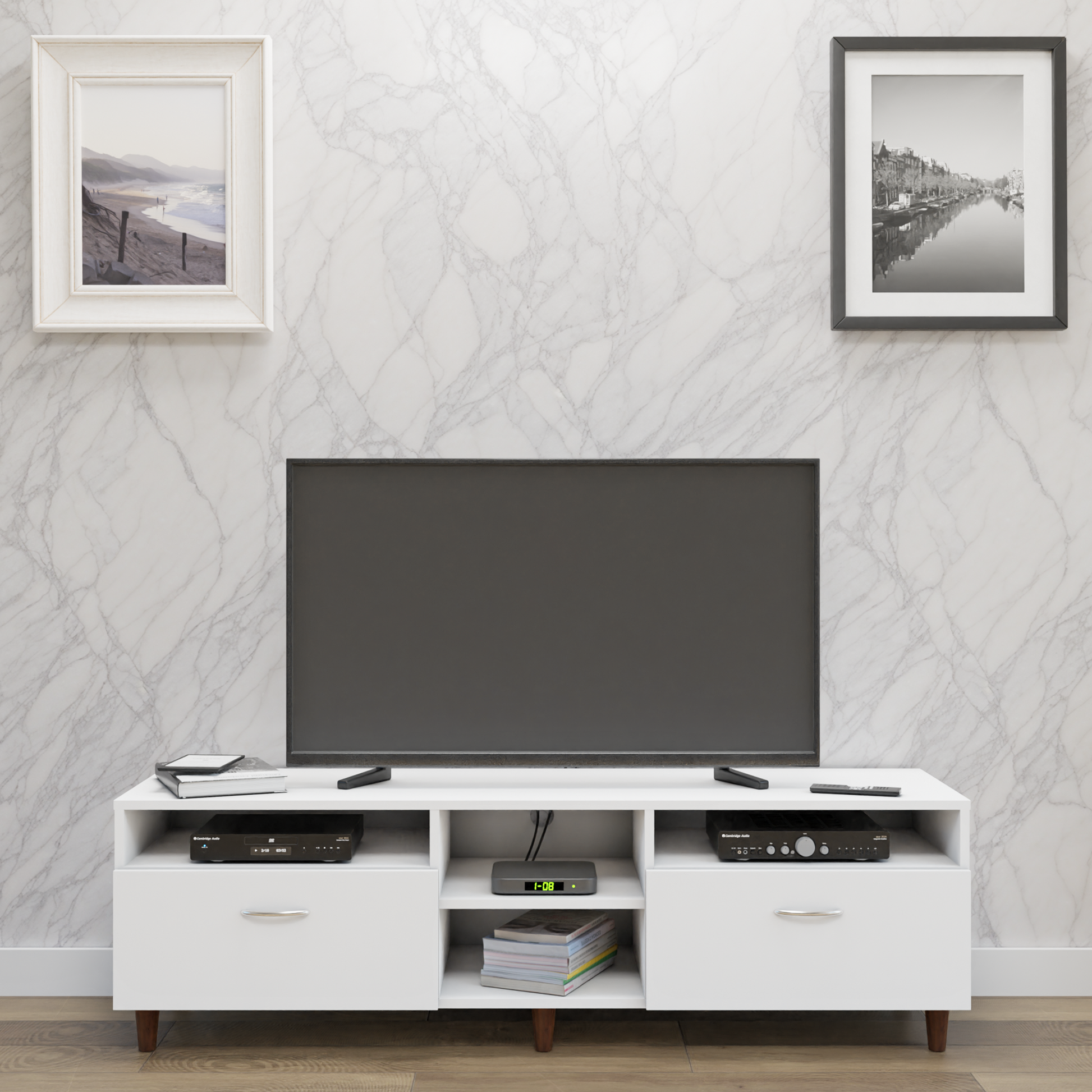 TV Unit | 2 Drawers, Open Shelves | Single Color TV & Entertainment Unit VIKI FURNITURE Frosty White