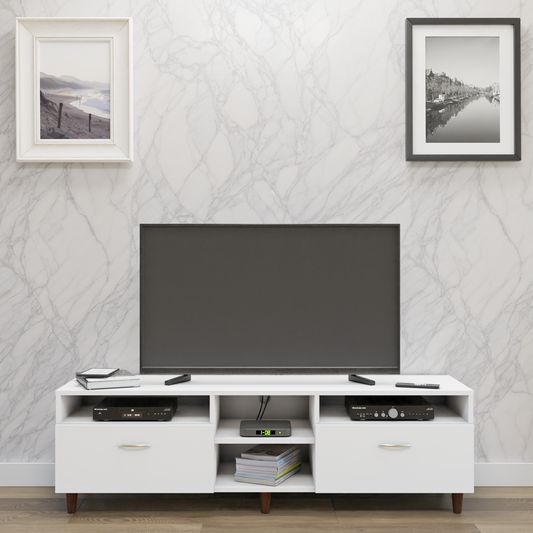 TV Unit | 2 Drawers, Open Shelves | Single Color TV & Entertainment Unit VIKI FURNITURE Frosty White