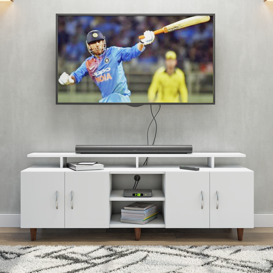 TV unit | 4 Doors, Open Shelves & Extension | Single Color TV & Entertainment Unit VIKI FURNITURE Frosty White