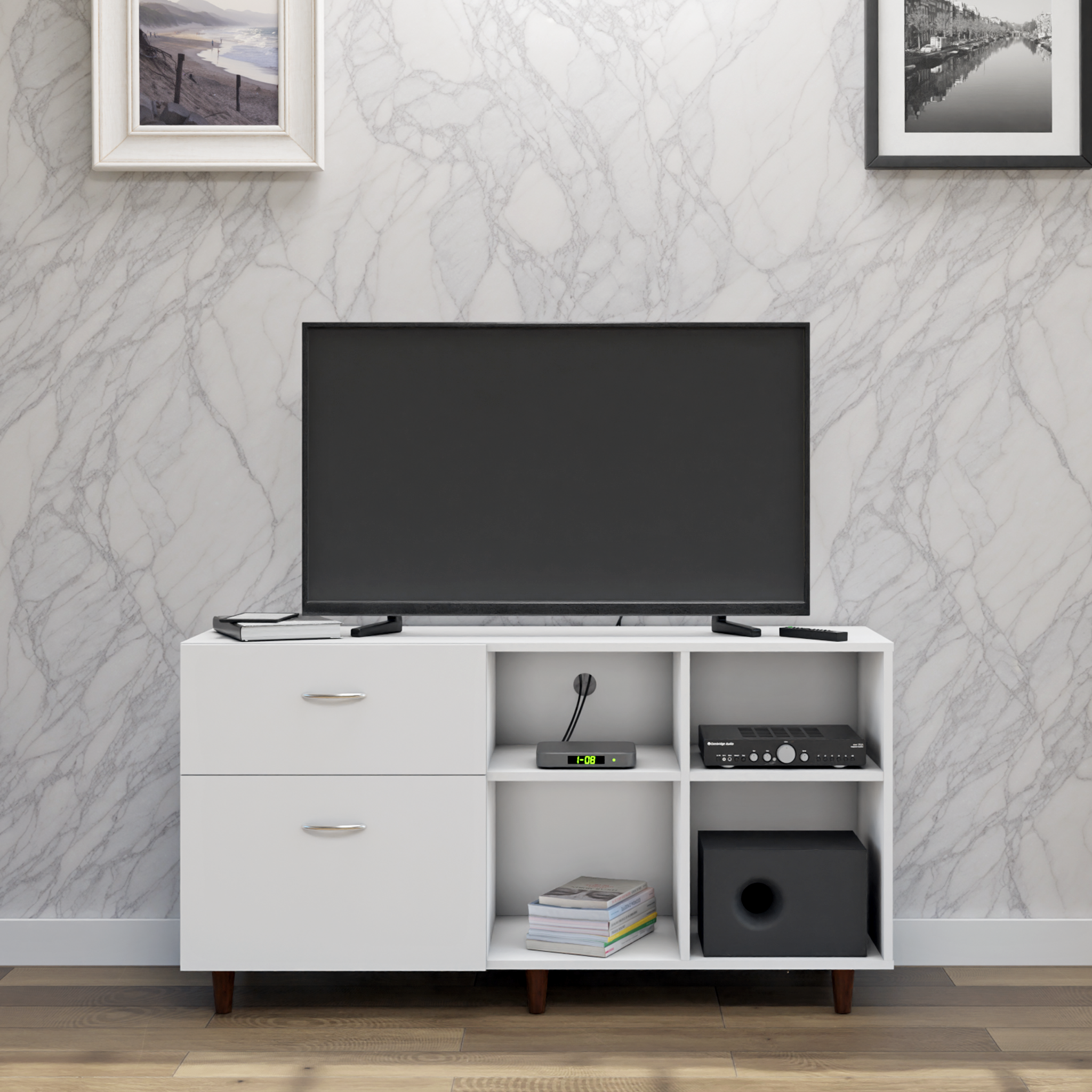TV Unit | 2 Drawers, Shelf & Open Shelves | Single Color TV & Entertainment Unit VIKI FURNITURE