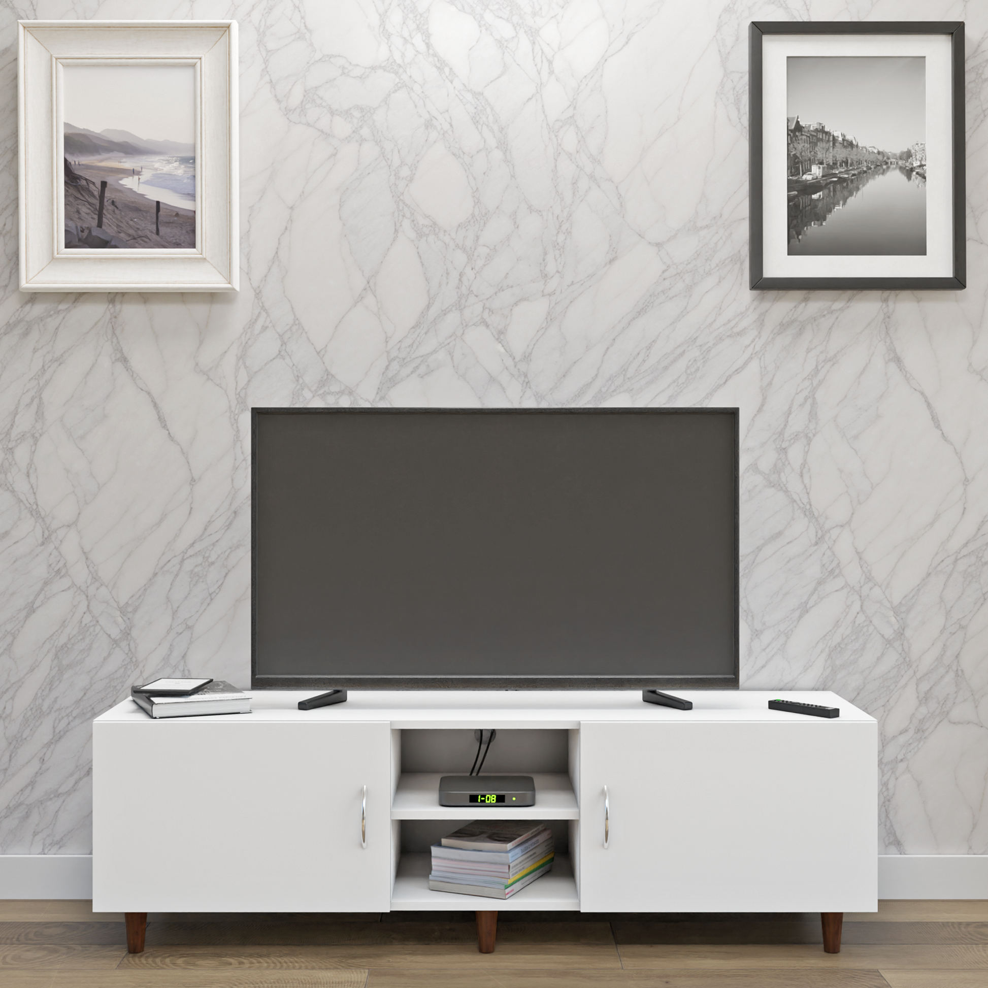 TV Unit | 2 Doors, Open Shelves | Single Color TV & Entertainment Unit VIKI FURNITURE Frosty White