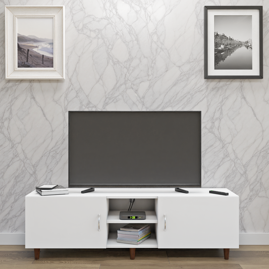 TV Unit | 2 Doors, Open Shelves | Single Color TV & Entertainment Unit VIKI FURNITURE Frosty White