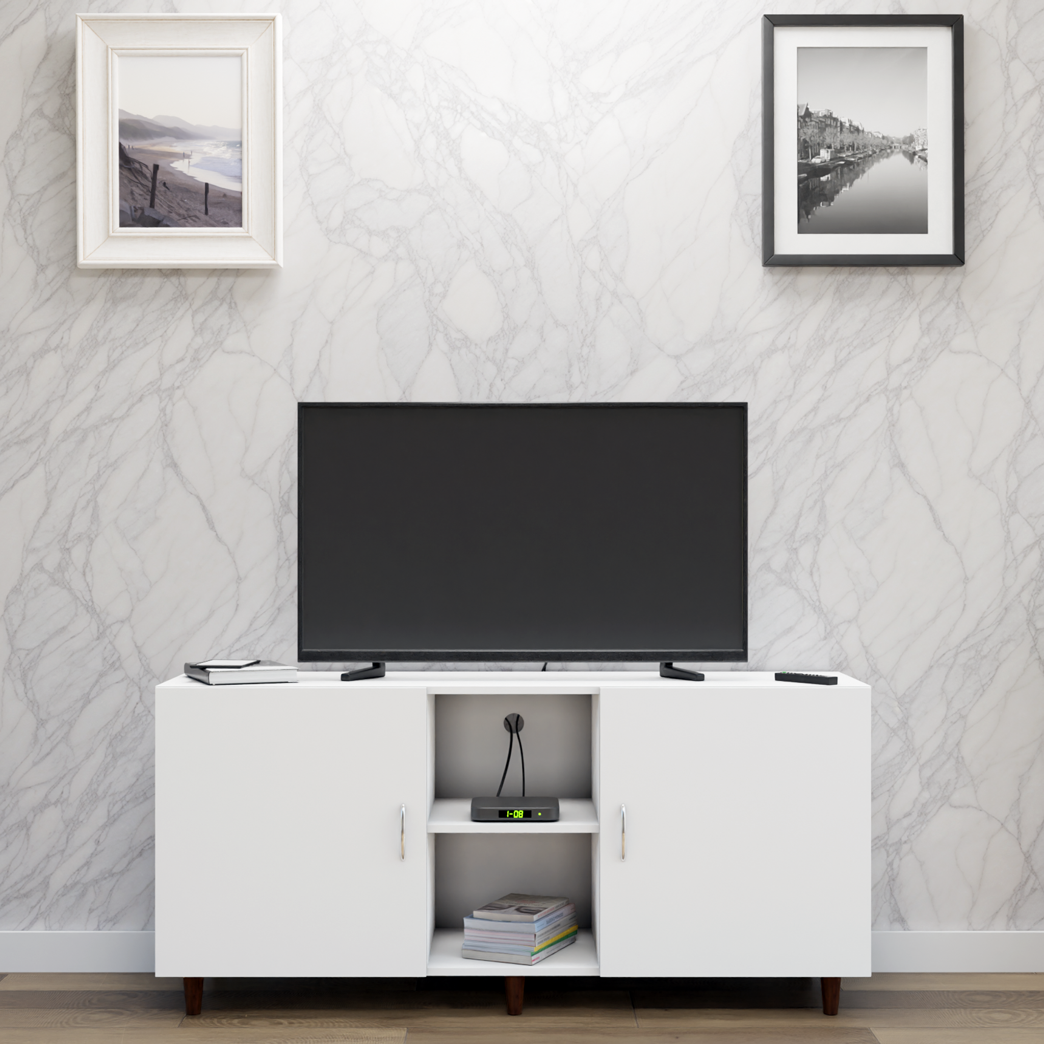 TV Unit | 2 Doors, Open Shelves | Single Color TV & Entertainment Unit VIKI FURNITURE