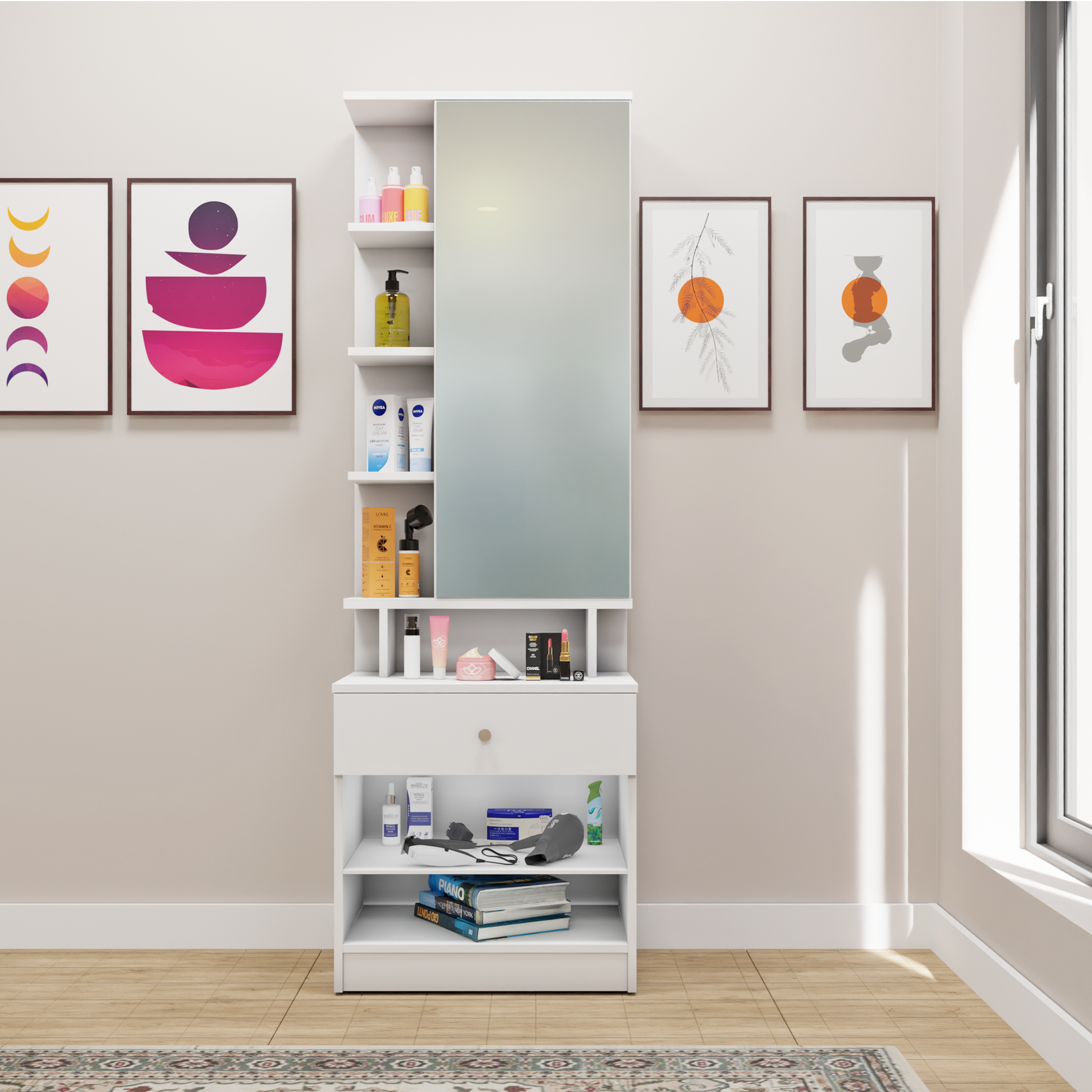 Dressing Table with Mirror Door | Door | Drawer & Open Shelves Dressing Table VIKI FURNITURE
