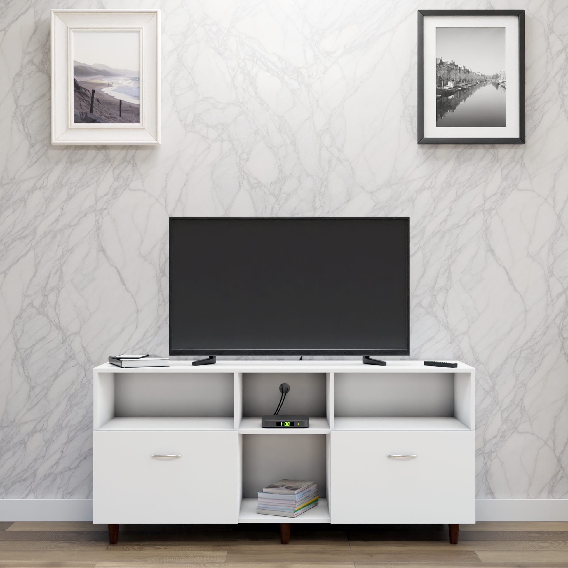 TV unit | 2 Drawers, Shelf & Open Shelves | Single Color TV & Entertainment Unit VIKI FURNITURE Frosty White