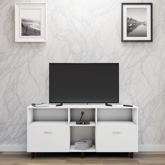 TV unit | 2 Drawers, Shelf & Open Shelves | Single Color TV & Entertainment Unit VIKI FURNITURE Frosty White