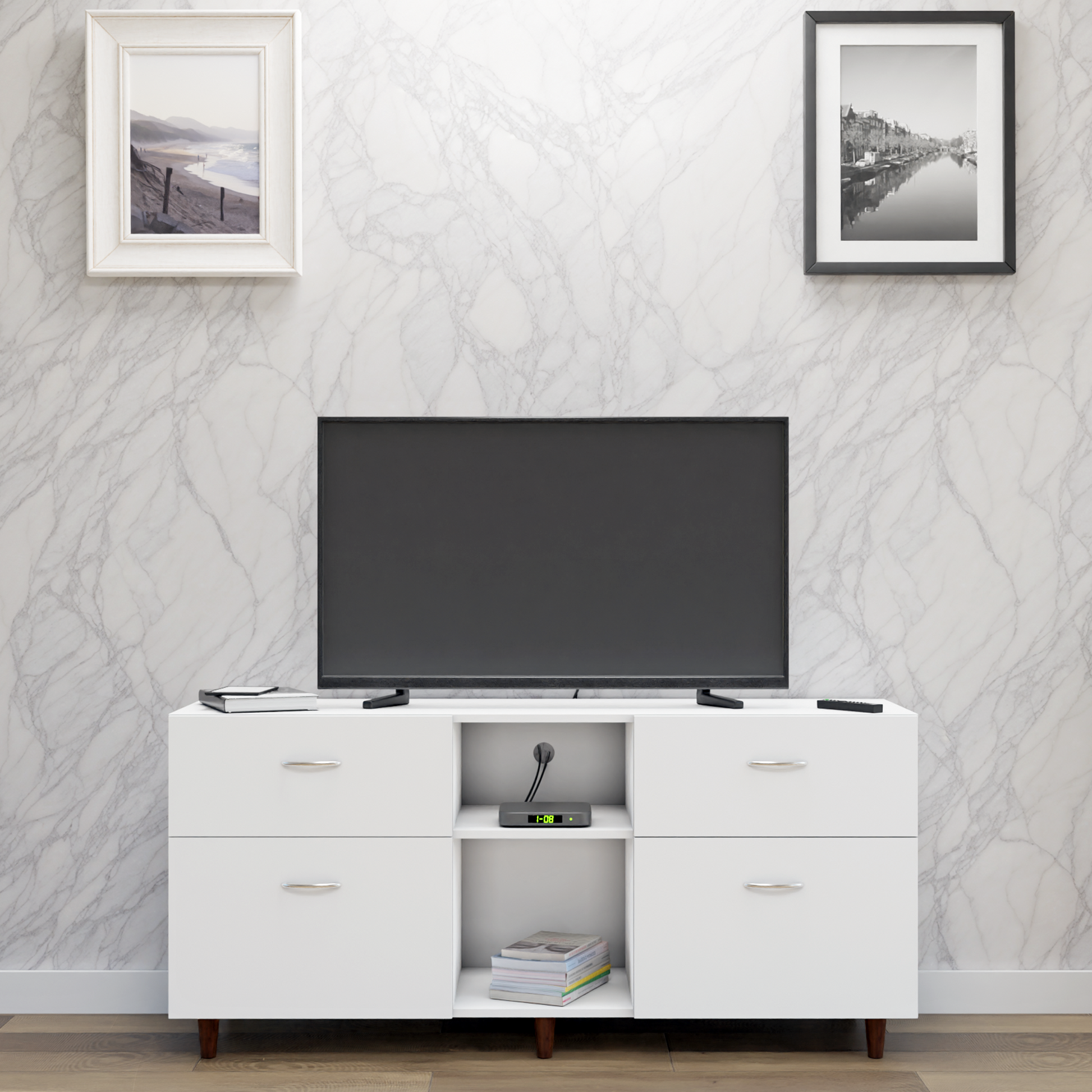 TV unit | 4 Drawers, Open Shelves | Single Color TV & Entertainment Unit VIKI FURNITURE Frosty White