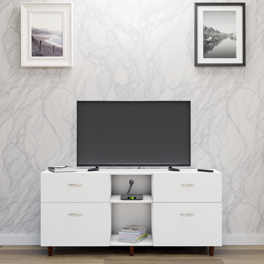 TV unit | 4 Drawers, Open Shelves | Single Color TV & Entertainment Unit VIKI FURNITURE Frosty White