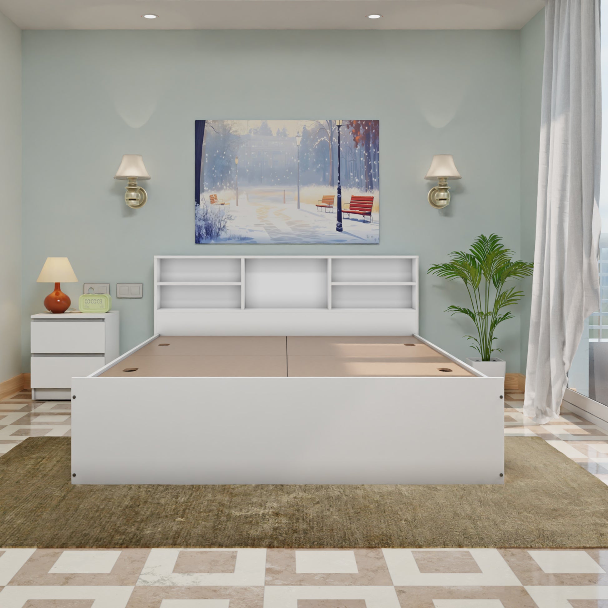 VIKI | Head Shelf Engineered Wood Bed with Storage, Bedroom Bed Bedroom Furniture Sets VIKI FURNITURE