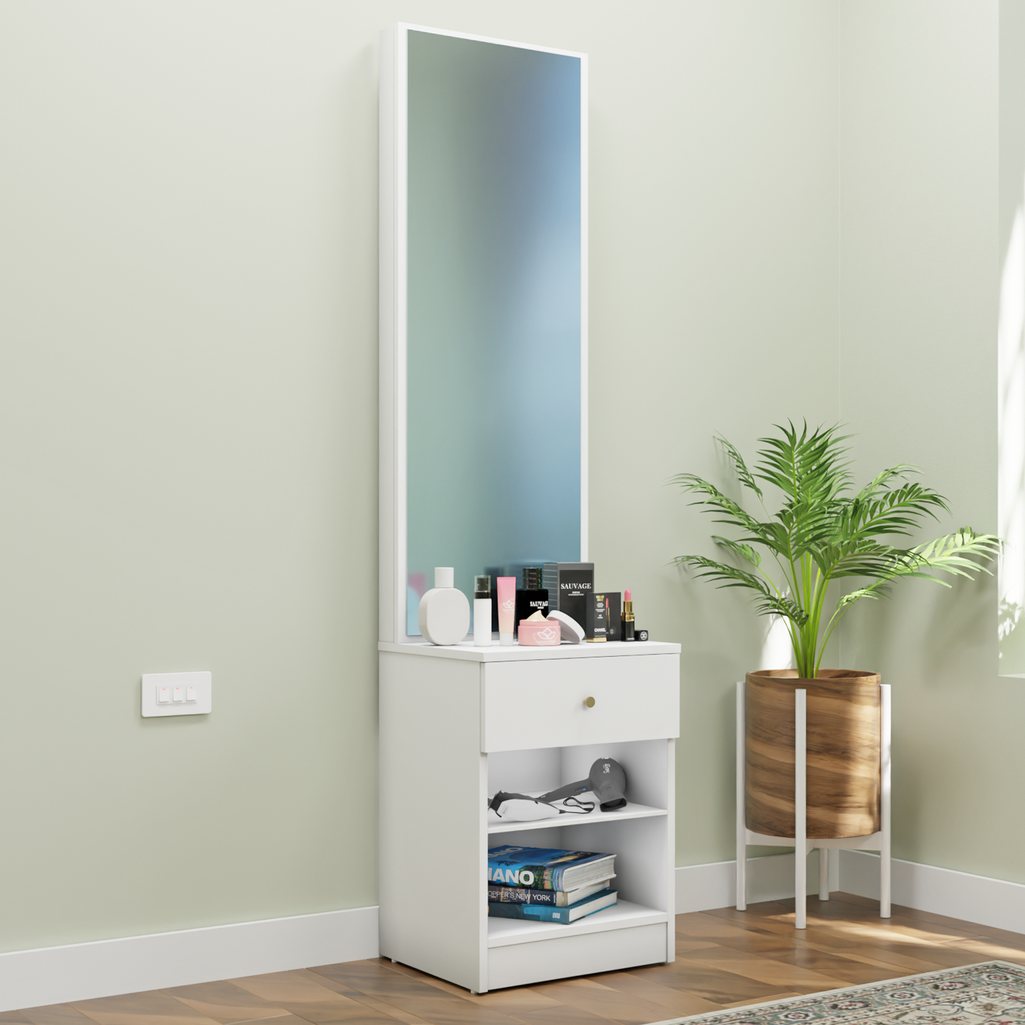 Dressing Table with Mirror Door | Drawer & Open Shelves Dressing Table VIKI FURNITURE White
