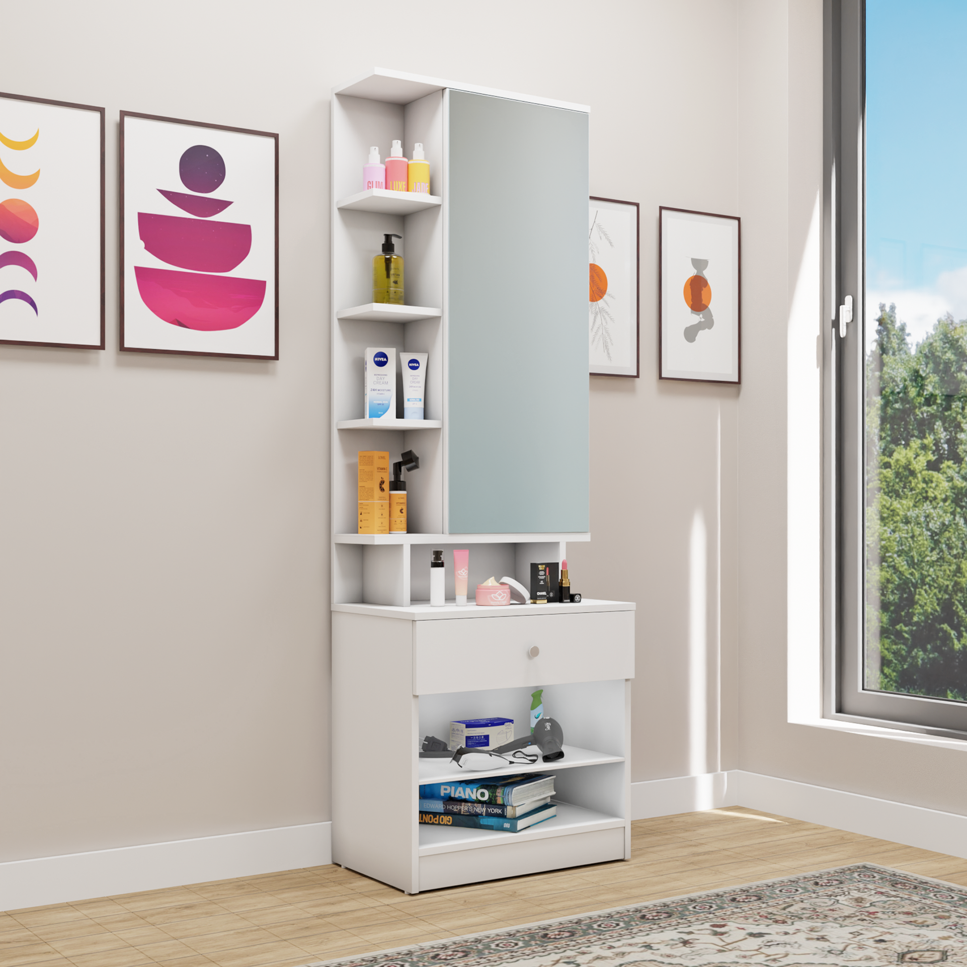 Dressing Table with Mirror Door | Door | Drawer & Open Shelves Dressing Table VIKI FURNITURE Frosty White